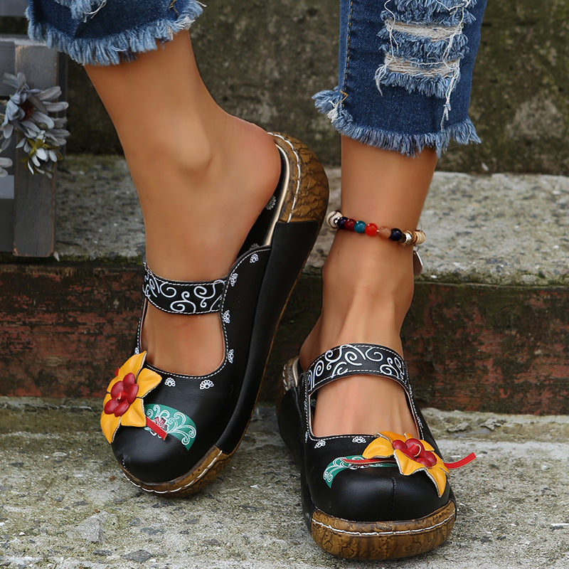 Boho Retro Floral Handmade Mules for Women – Comfy Thick Sole & Ethnic Charm