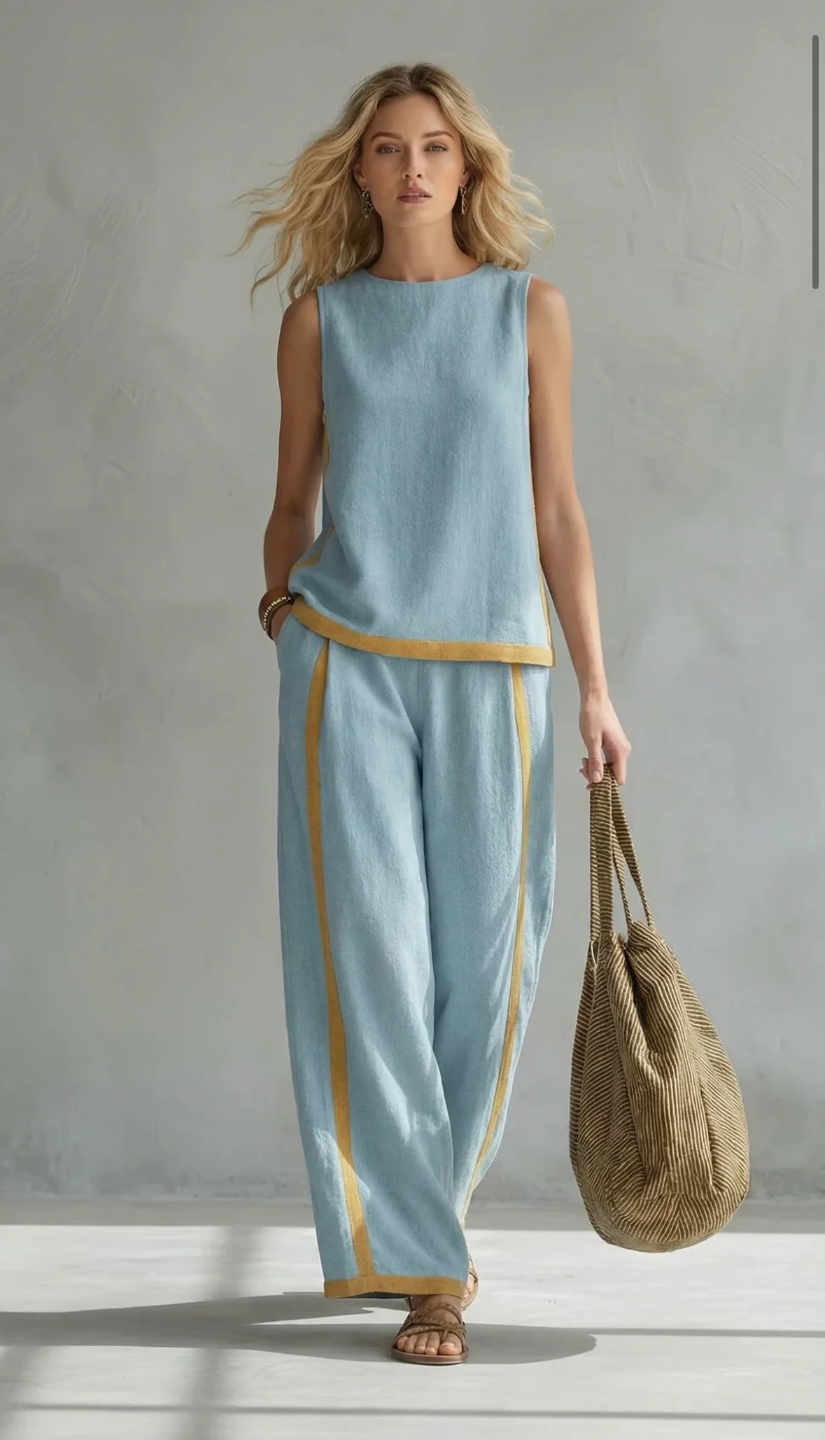 Contrast Color High Waisted Pants + Round-Neck Sleeveless Top Two Pieces Set