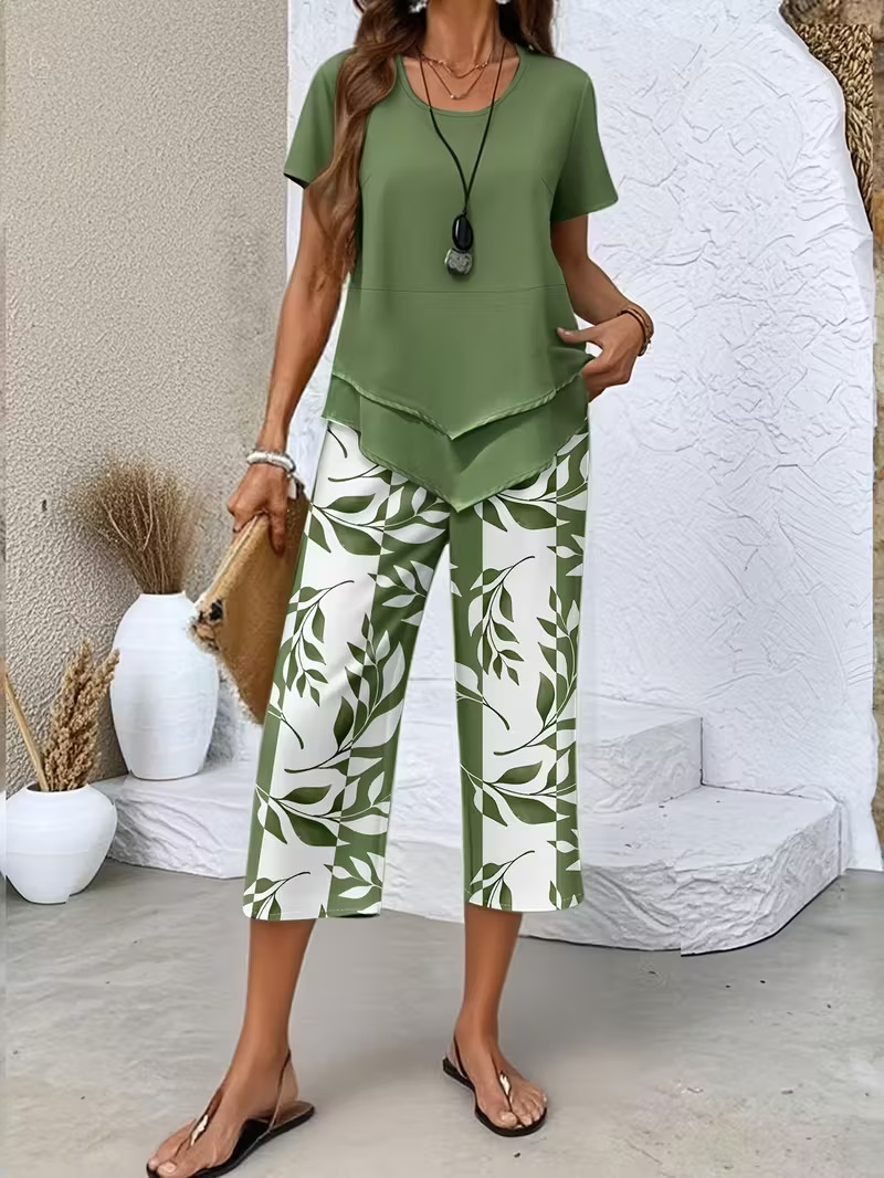 Women's Casual Round Neck Layered Tunic Top and Wide Leg Pants Set