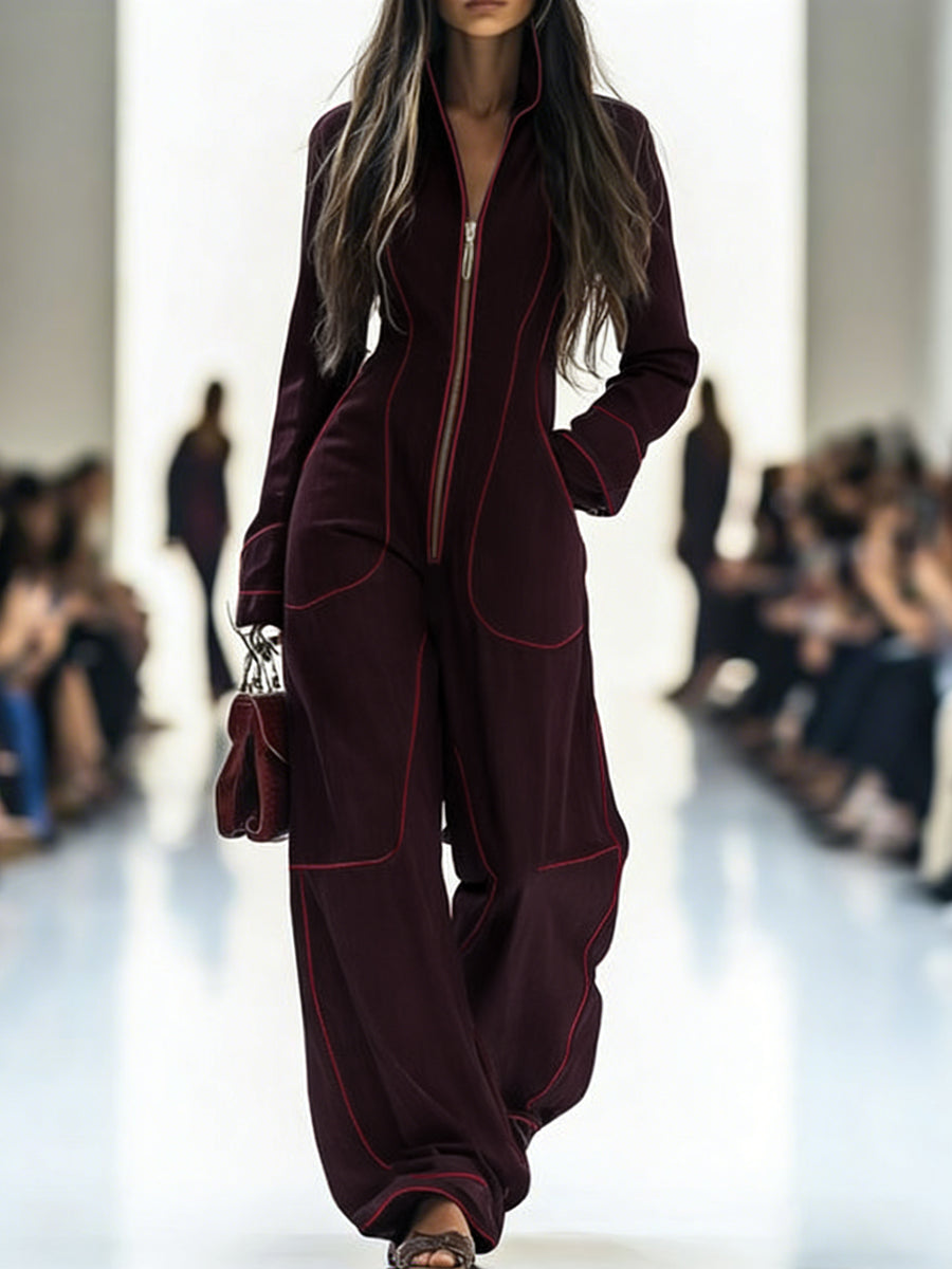 Long Sleeves Wide Leg Zipper Stand Collar Jumpsuits