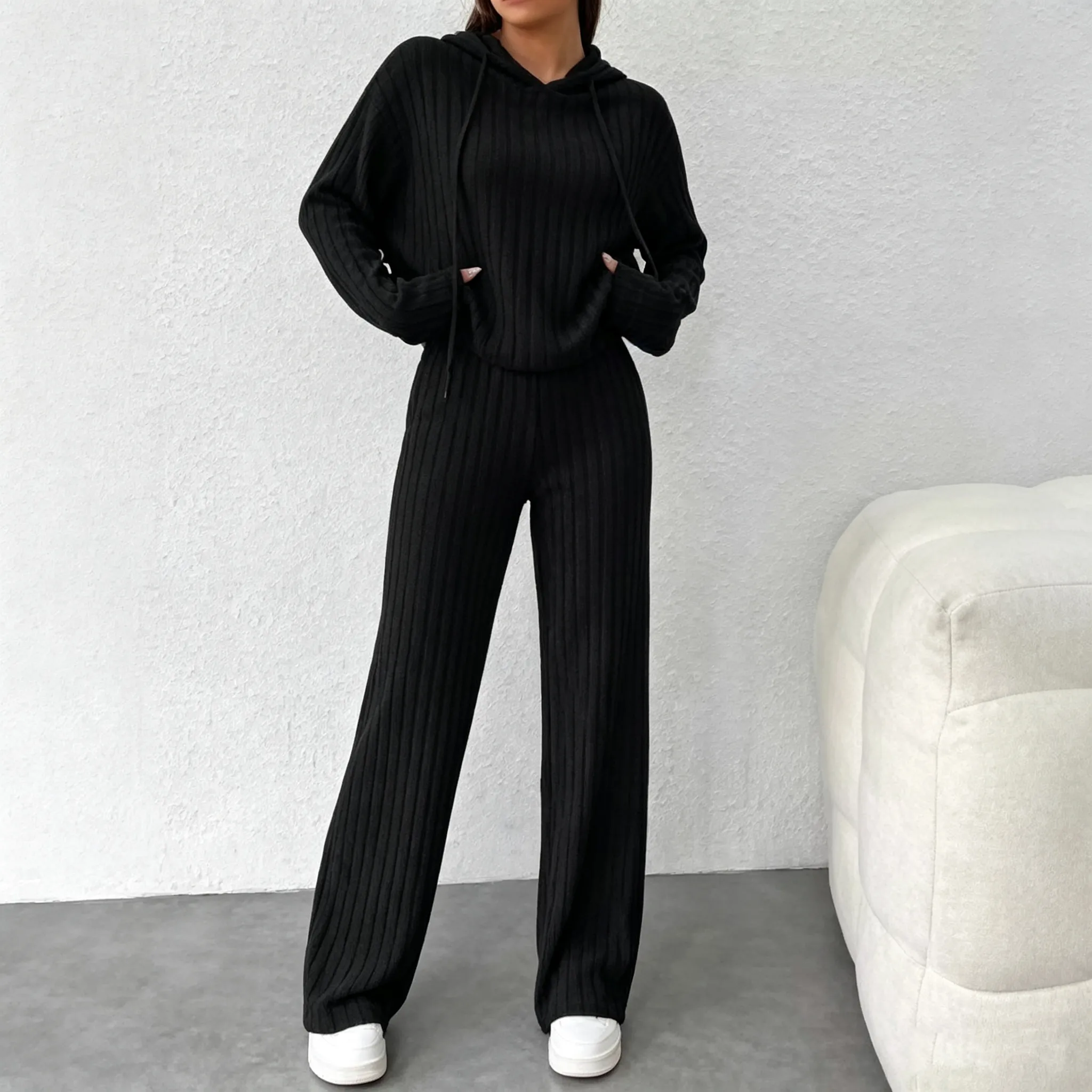 Casual Solid Color Knitted Pants Sets Women Long Sleeve Turtleneck Sweater Loose Trousers Two Piece Set Female Autumn Winter New