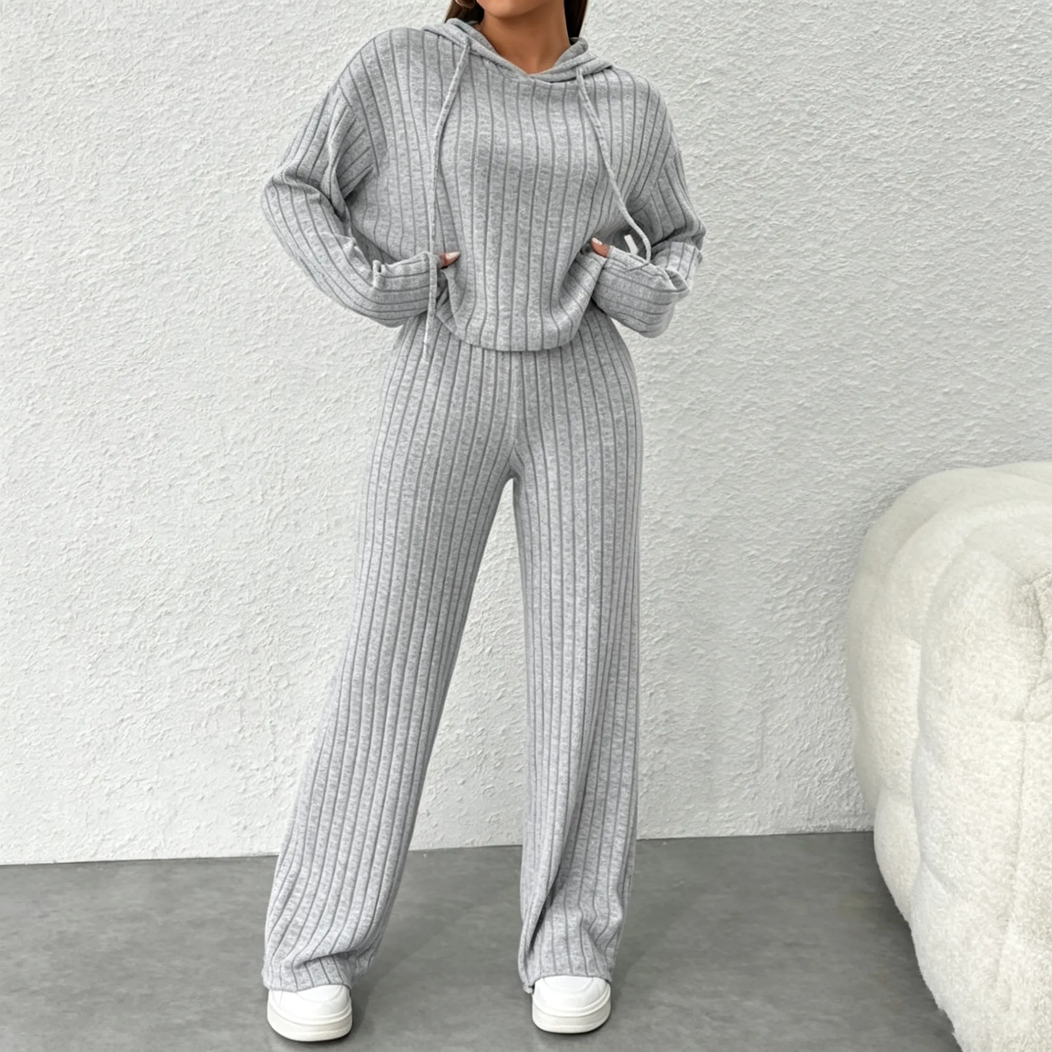 Casual Solid Color Knitted Pants Sets Women Long Sleeve Turtleneck Sweater Loose Trousers Two Piece Set Female Autumn Winter New