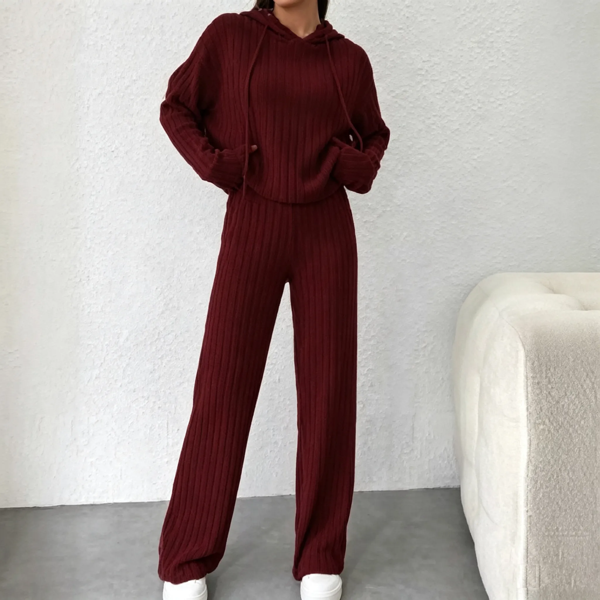 Casual Solid Color Knitted Pants Sets Women Long Sleeve Turtleneck Sweater Loose Trousers Two Piece Set Female Autumn Winter New
