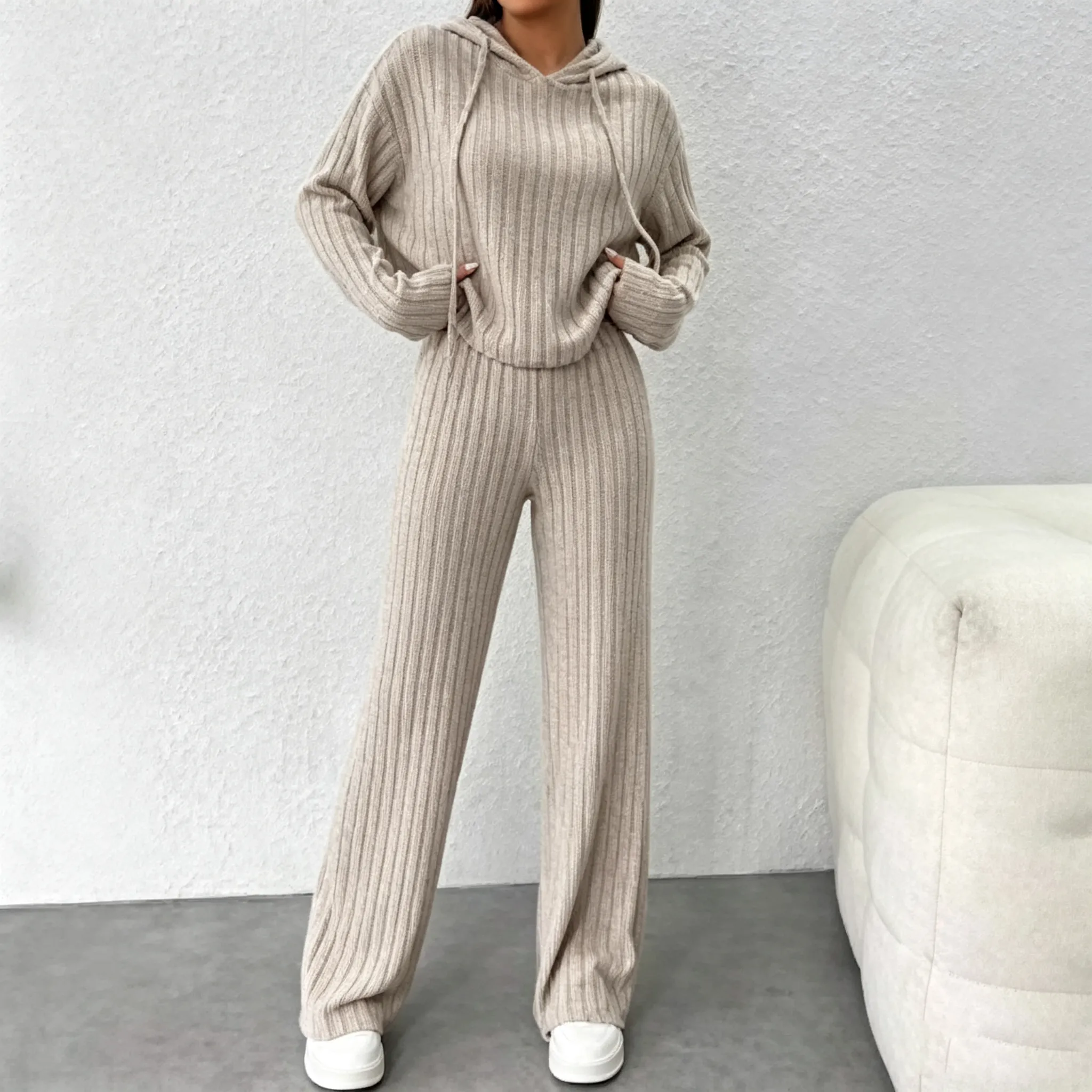 Casual Solid Color Knitted Pants Sets Women Long Sleeve Turtleneck Sweater Loose Trousers Two Piece Set Female Autumn Winter New