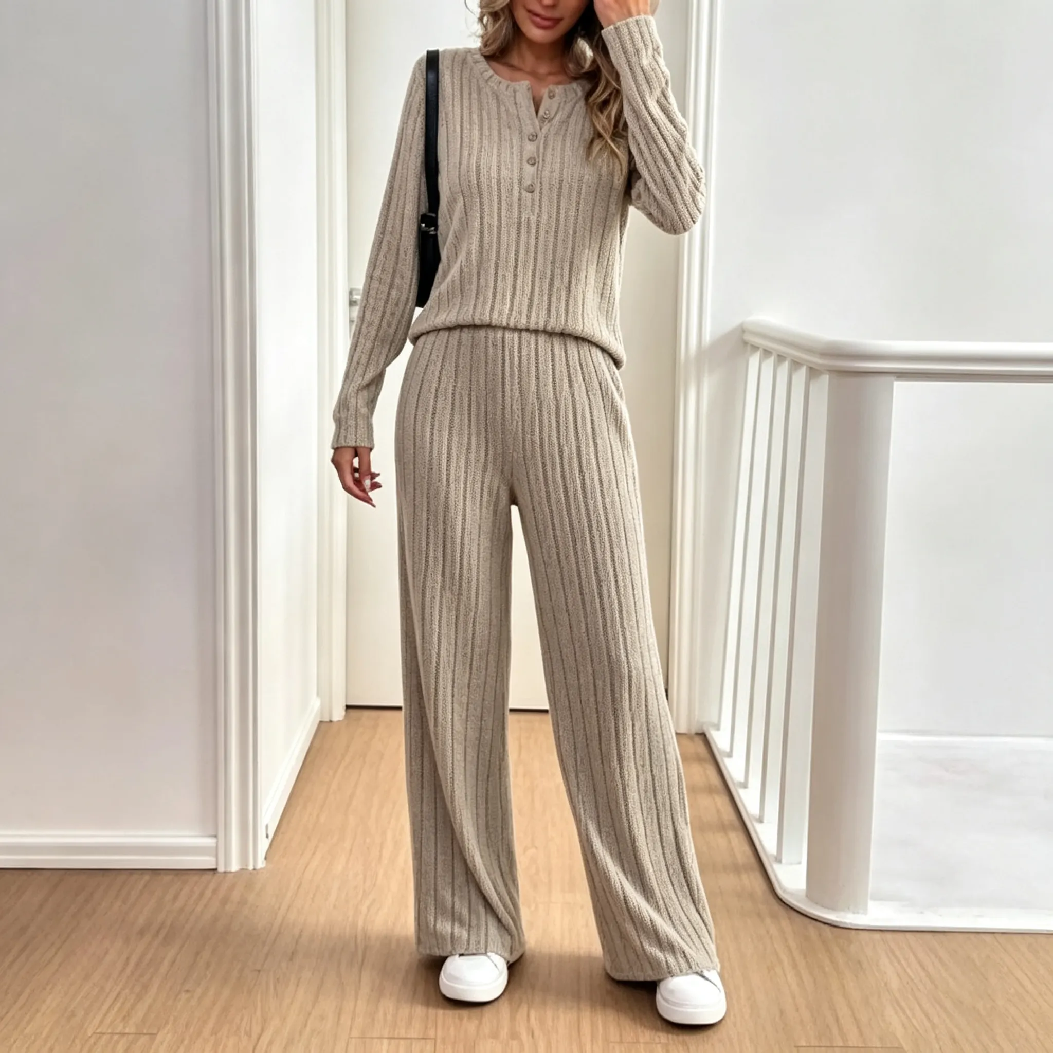 Casual Solid Color Knitted Pants Sets Women Long Sleeve Turtleneck Sweater Loose Trousers Two Piece Set Female Autumn Winter New
