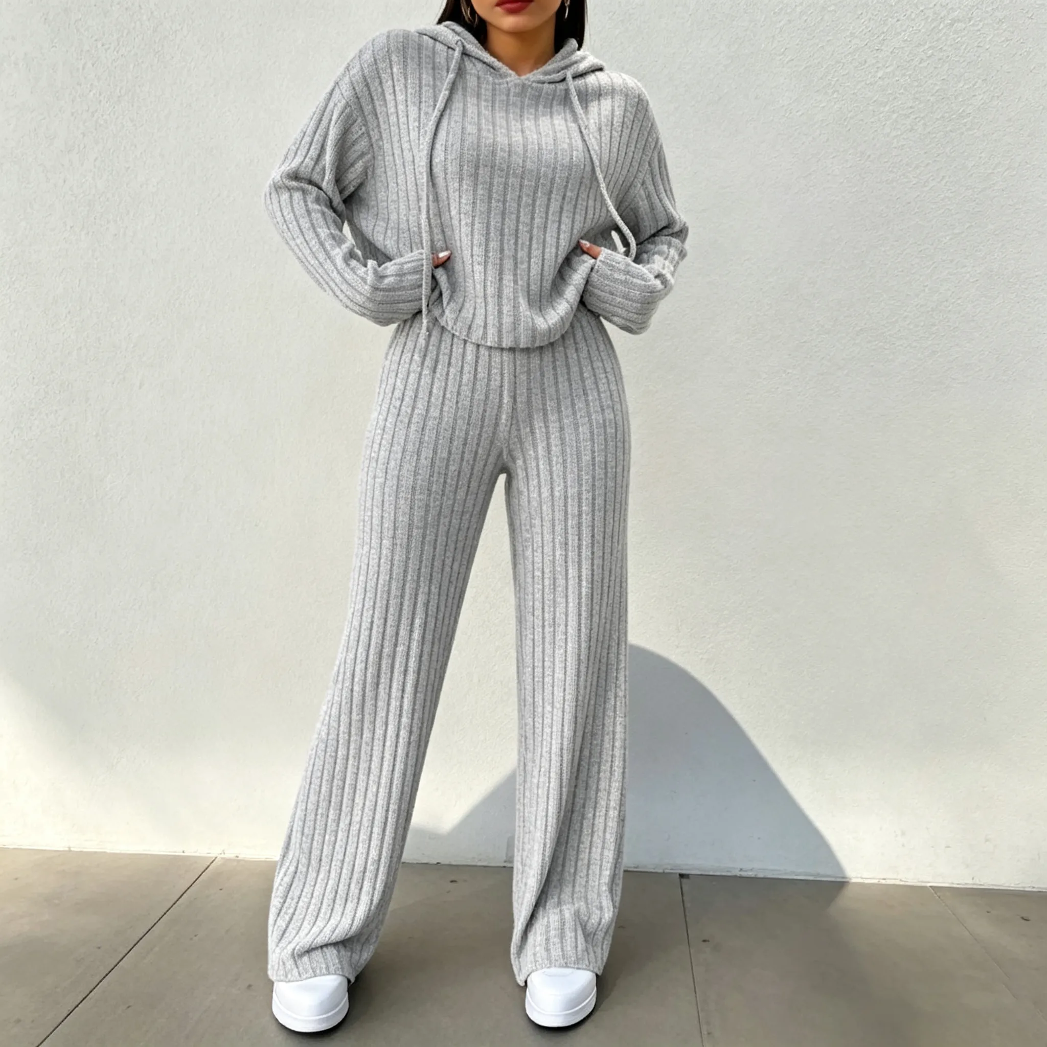 Casual Solid Color Knitted Pants Sets Women Long Sleeve Turtleneck Sweater Loose Trousers Two Piece Set Female Autumn Winter New
