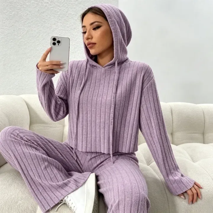 Casual Solid Color Knitted Pants Sets Women Long Sleeve Turtleneck Sweater Loose Trousers Two Piece Set Female Autumn Winter New