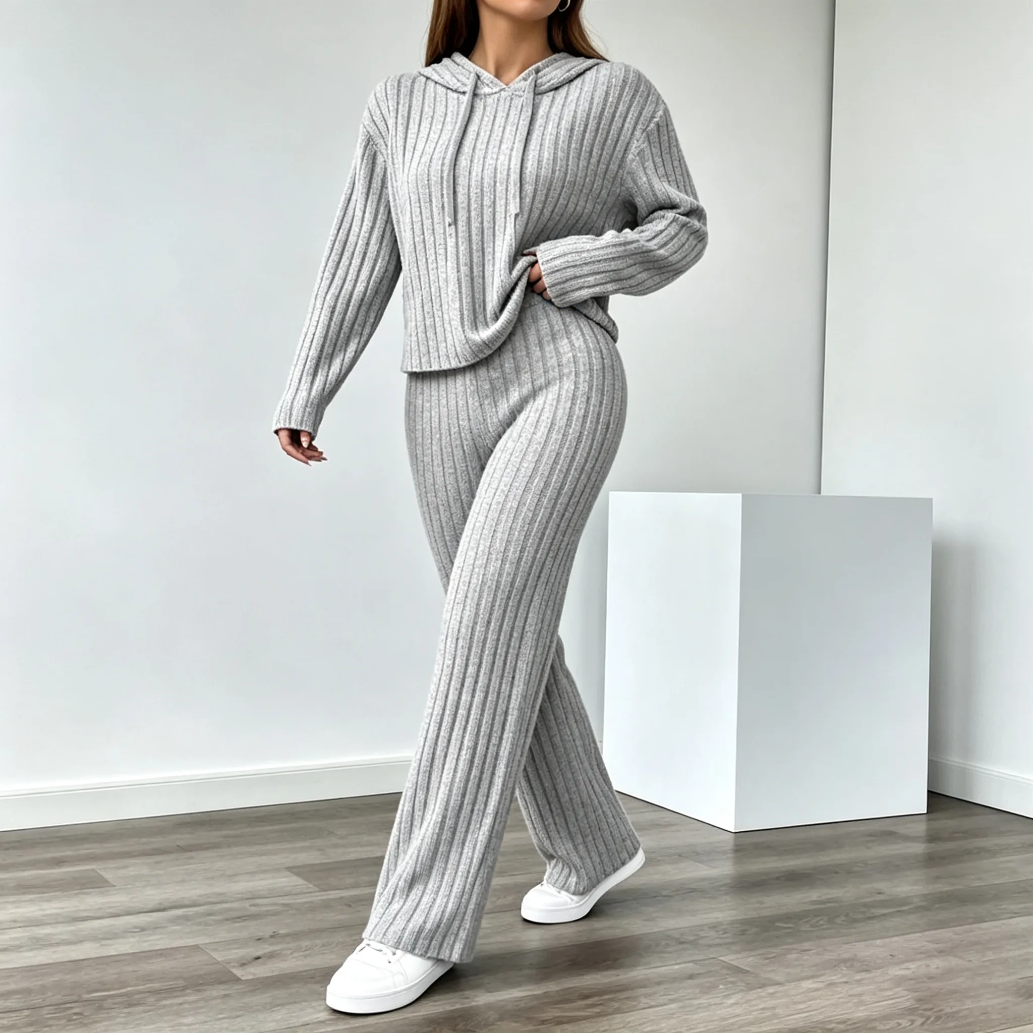 Casual Solid Color Knitted Pants Sets Women Long Sleeve Turtleneck Sweater Loose Trousers Two Piece Set Female Autumn Winter New