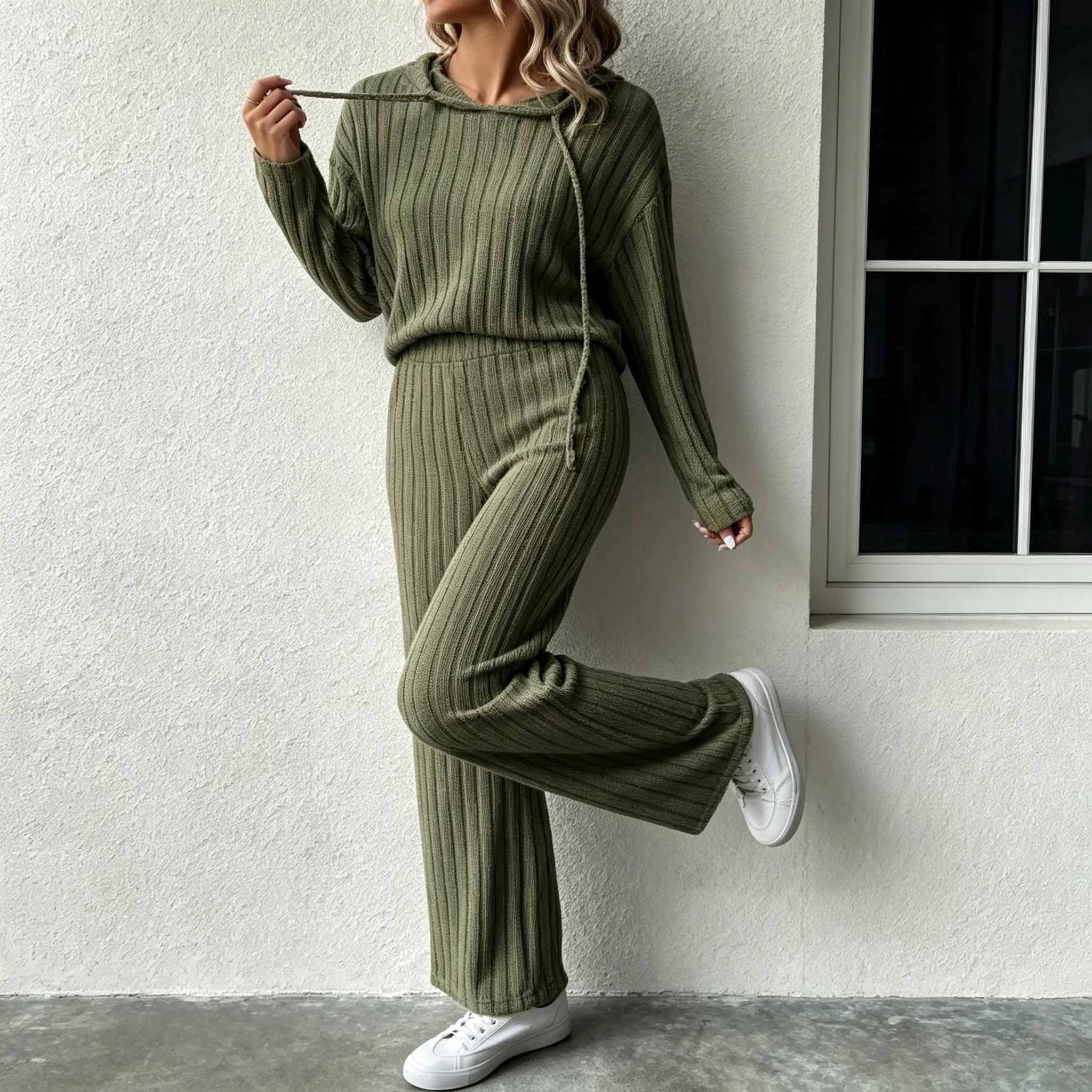 Casual Solid Color Knitted Pants Sets Women Long Sleeve Turtleneck Sweater Loose Trousers Two Piece Set Female Autumn Winter New