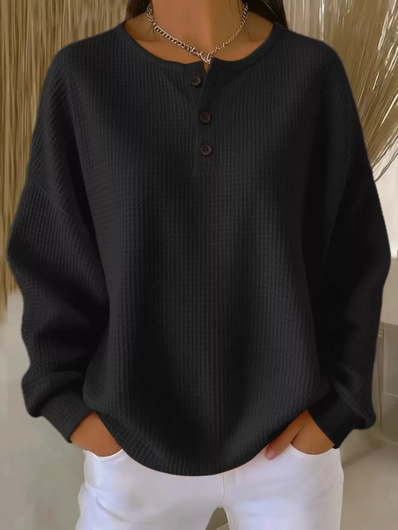 Casual Waffle Henry Collar Sweatshirt
