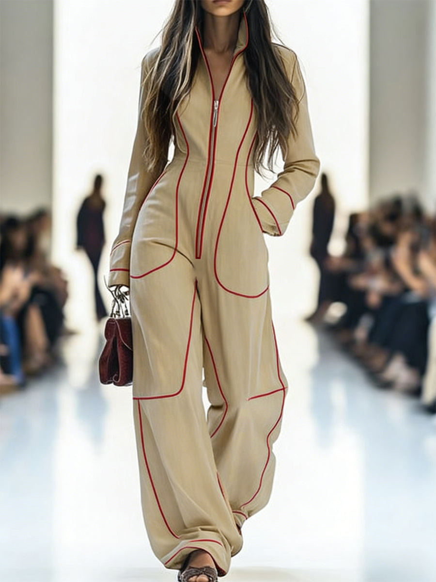 Long Sleeves Wide Leg Zipper Stand Collar Jumpsuits