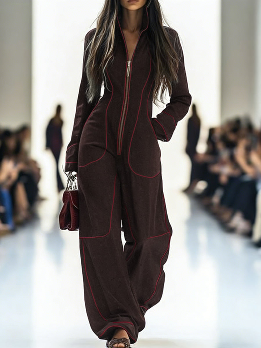 Long Sleeves Wide Leg Zipper Stand Collar Jumpsuits