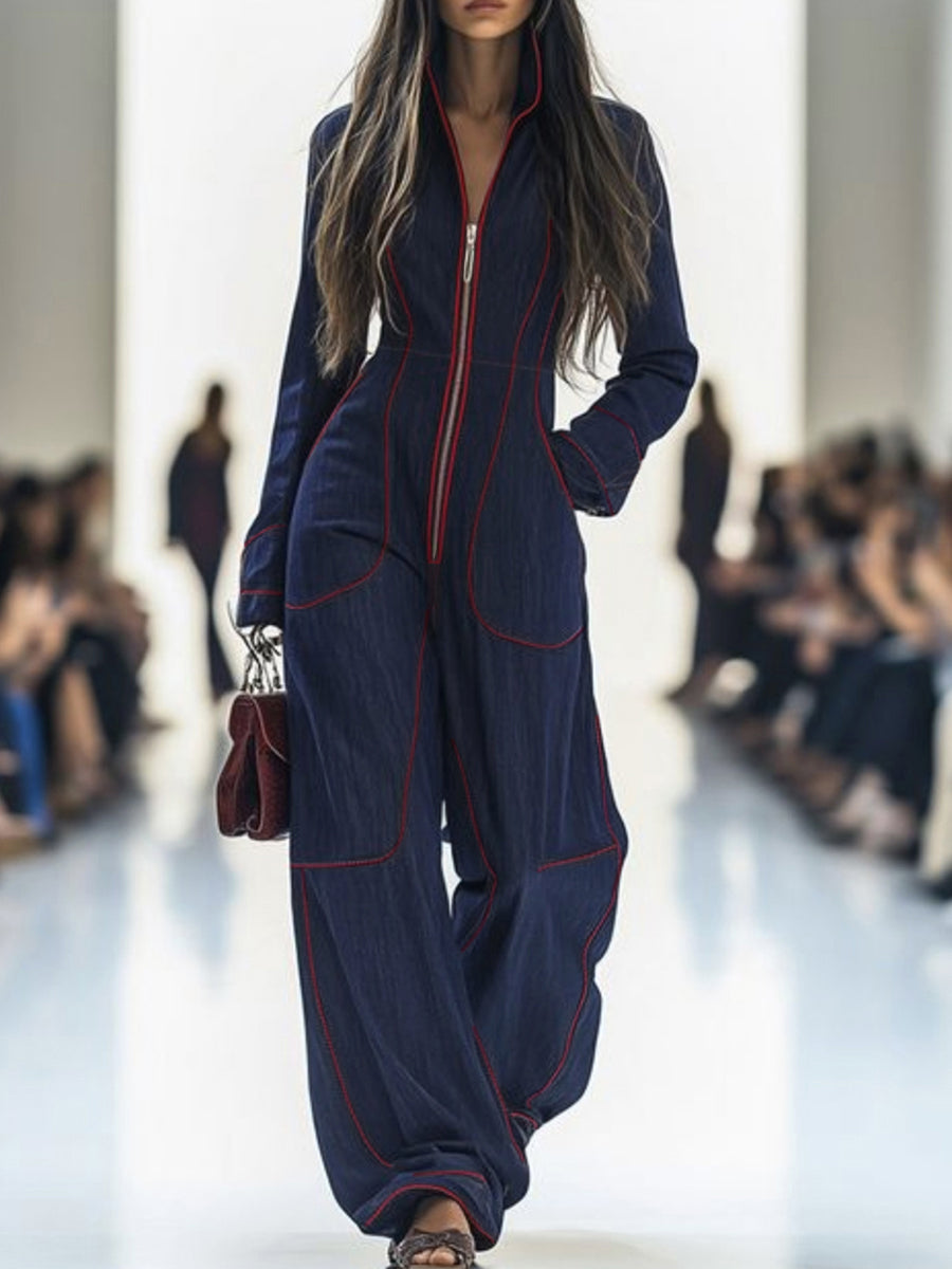 Long Sleeves Wide Leg Zipper Stand Collar Jumpsuits