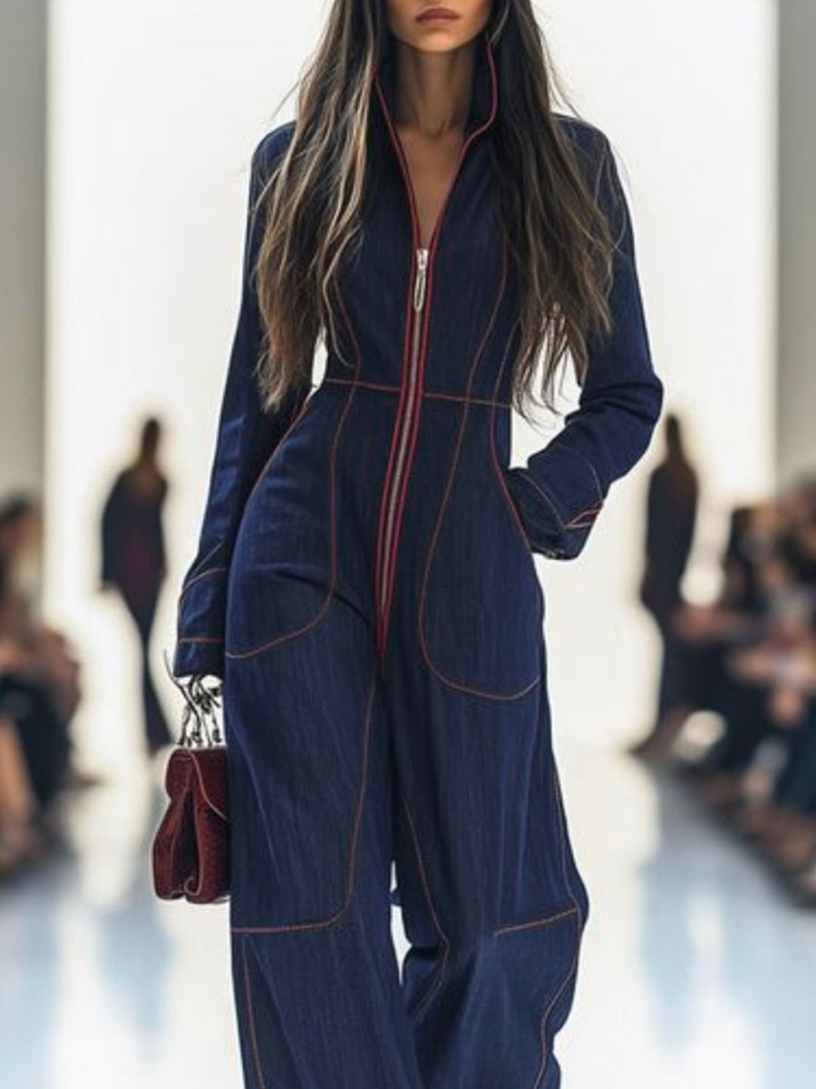 Long Sleeves Wide Leg Zipper Stand Collar Jumpsuits