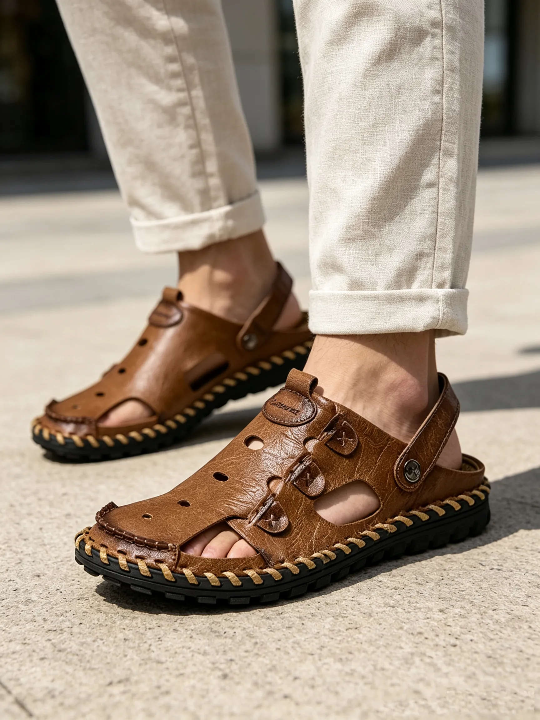 Men Leather Sandal Hiking Casual Shoes Non-slip Wearproof Beach Slipper