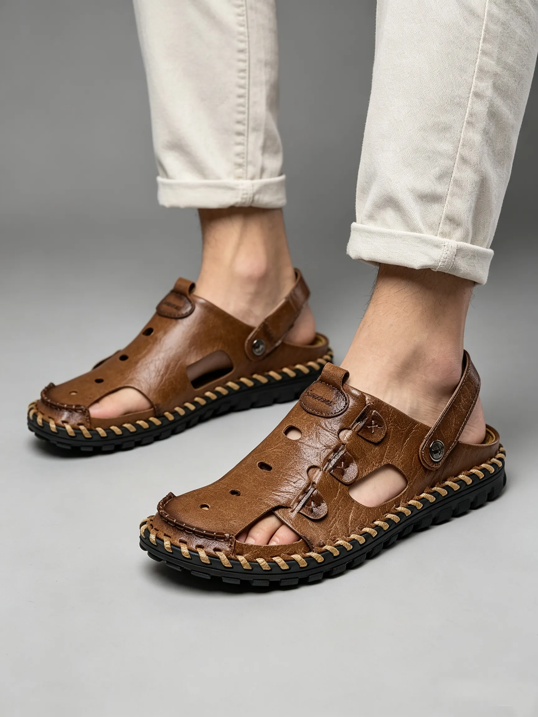 Men Leather Sandal Hiking Casual Shoes Non-slip Wearproof Beach Slipper