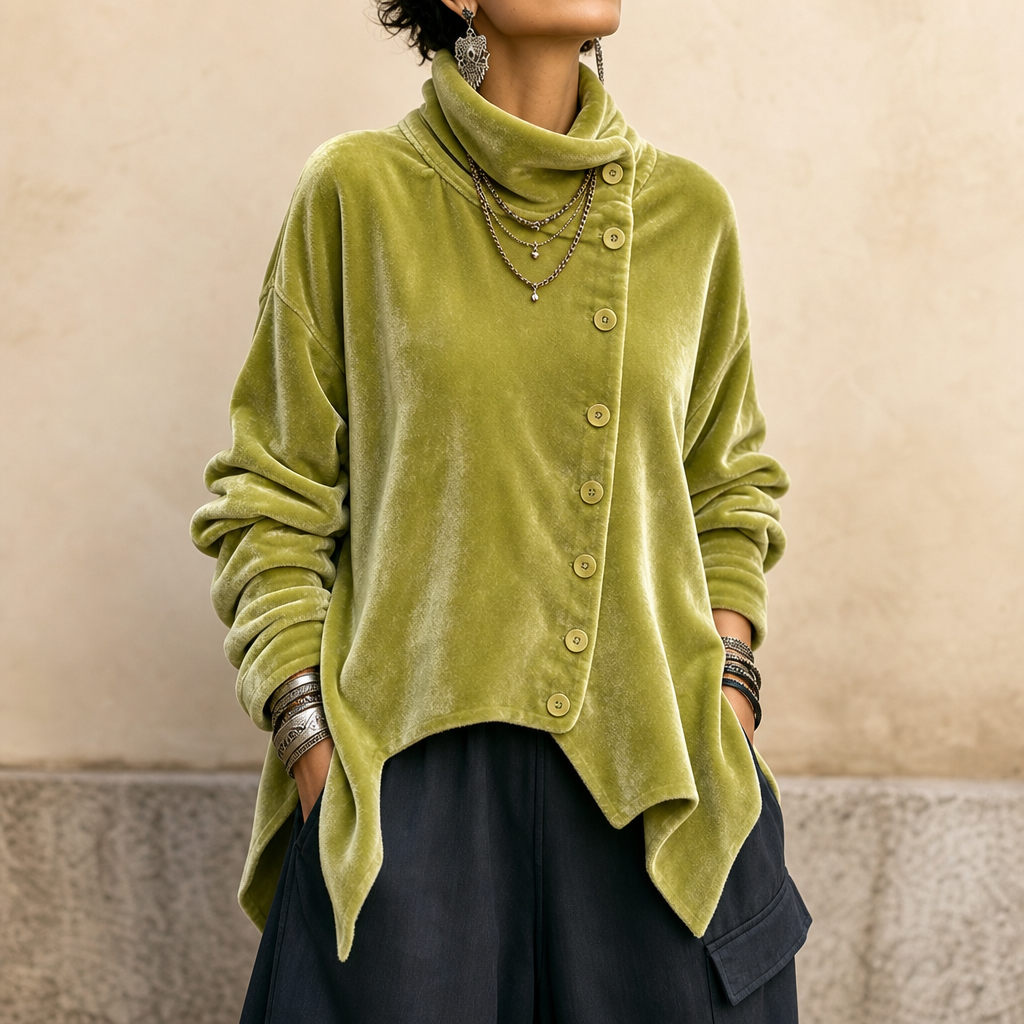 New product launch – Asymmetric Button Velvet Turtleneck Top