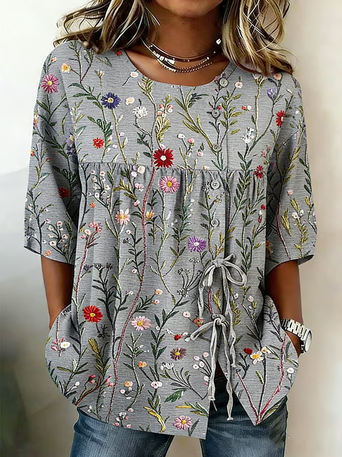 New Arrivals🔥 Women'S Casual Vintage Flower Art Print Printed Linen Cotton Shirt