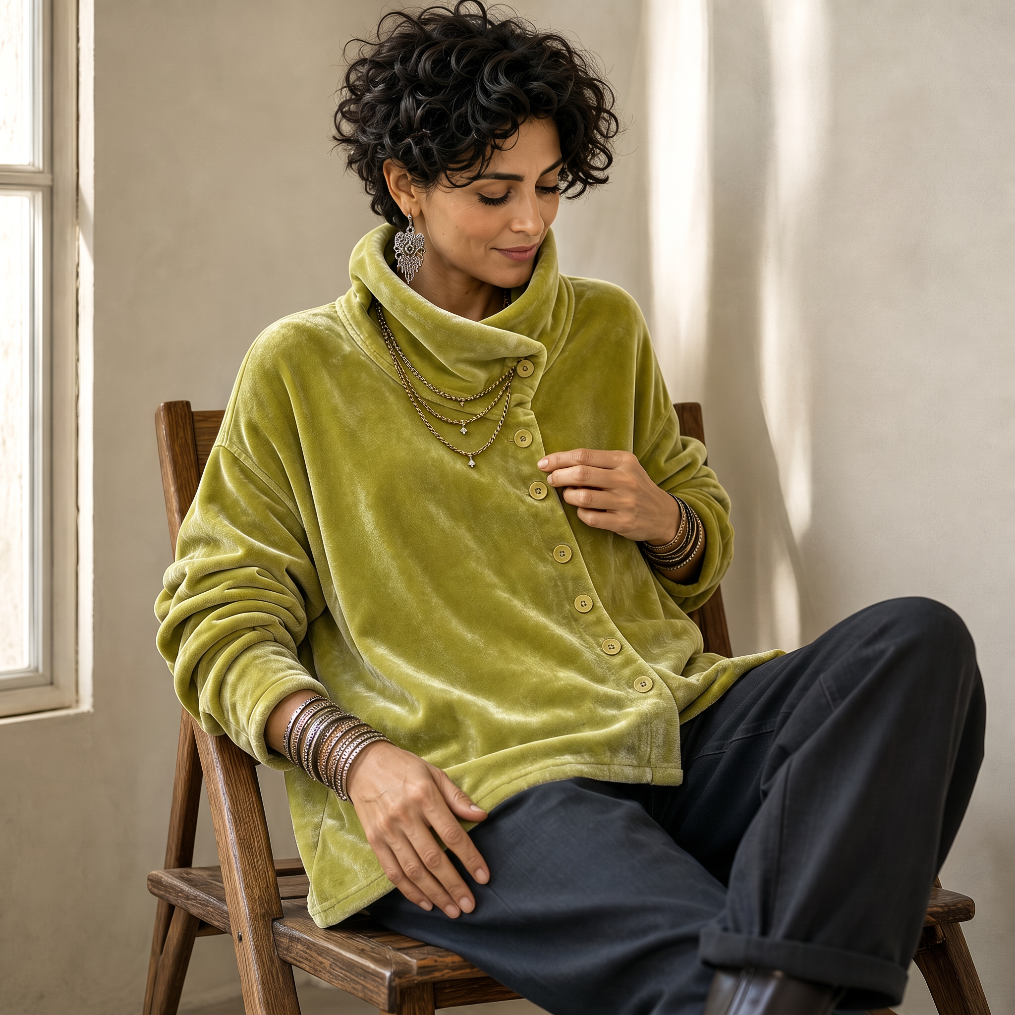 New product launch – Asymmetric Button Velvet Turtleneck Top
