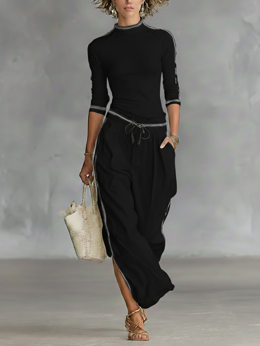 Women’s Cozy Stretch Knit Top And Linen And Cotton Trousers Two-piece Set
