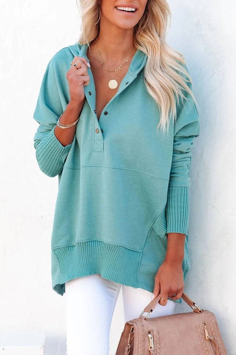 Women's Oversized Snap-Button Ribbed-Cuff Hooded Tunic Sweatshirt