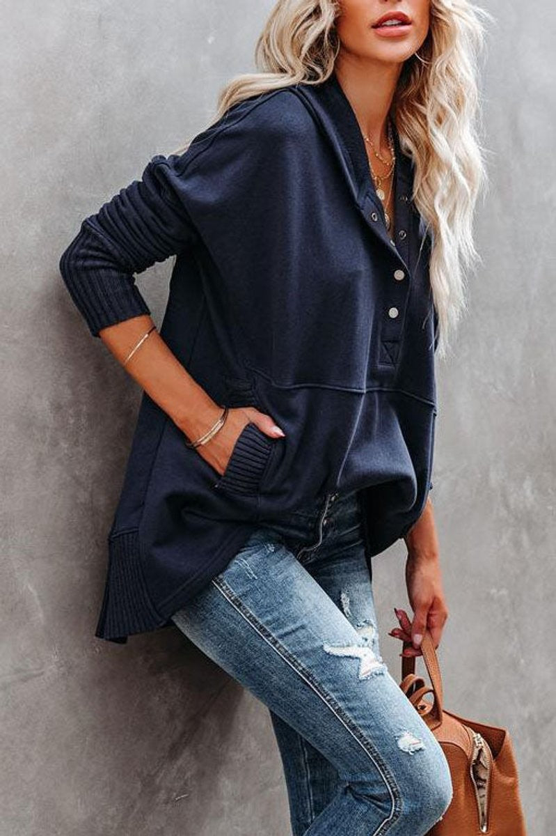 Women's Oversized Snap-Button Ribbed-Cuff Hooded Tunic Sweatshirt