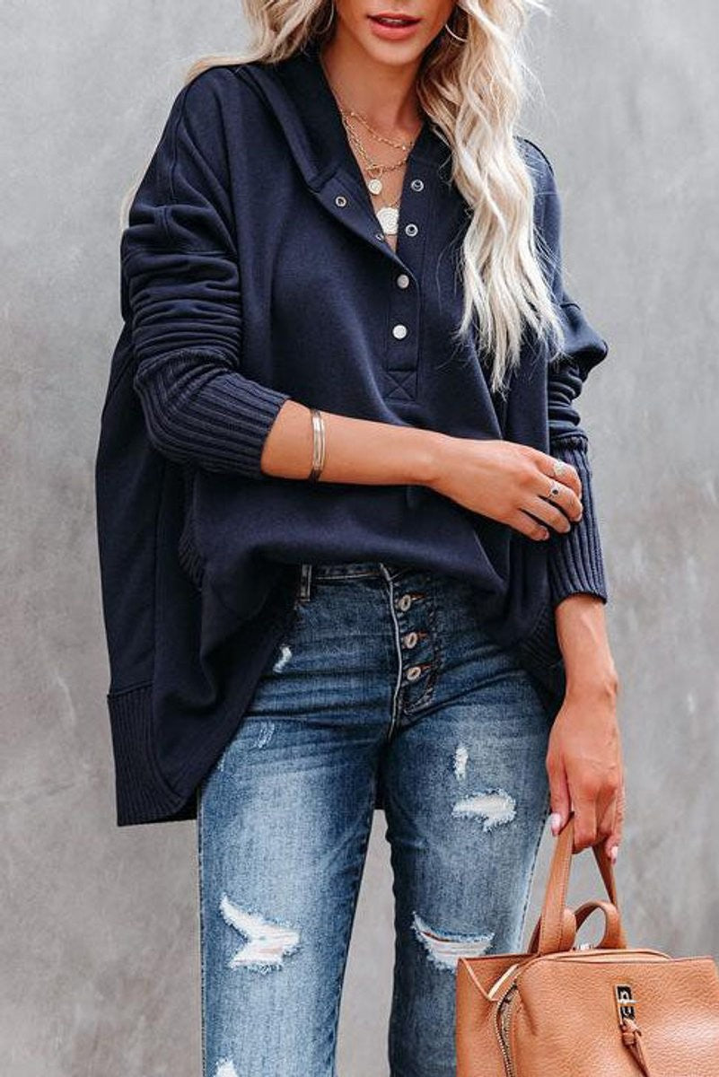 Women's Oversized Snap-Button Ribbed-Cuff Hooded Tunic Sweatshirt