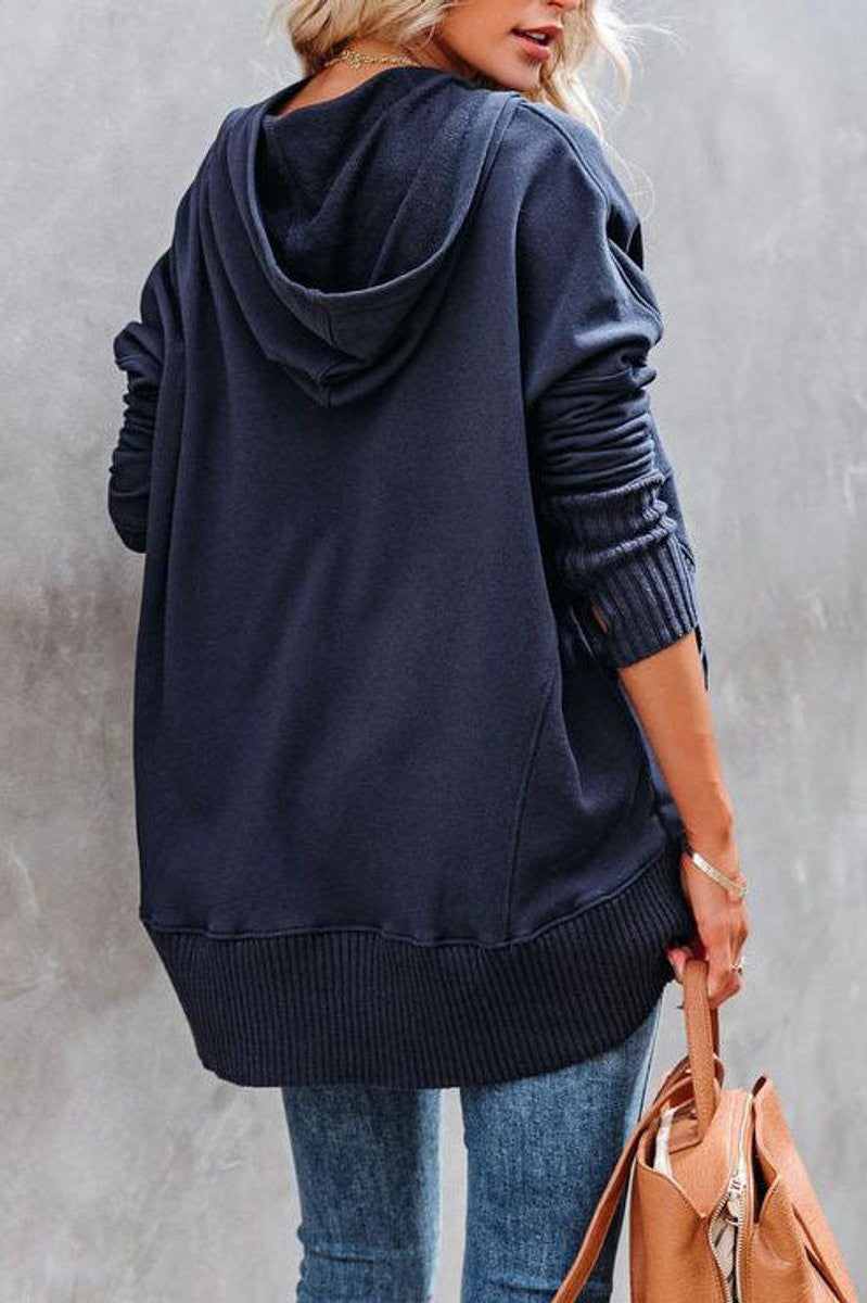 Women's Oversized Snap-Button Ribbed-Cuff Hooded Tunic Sweatshirt