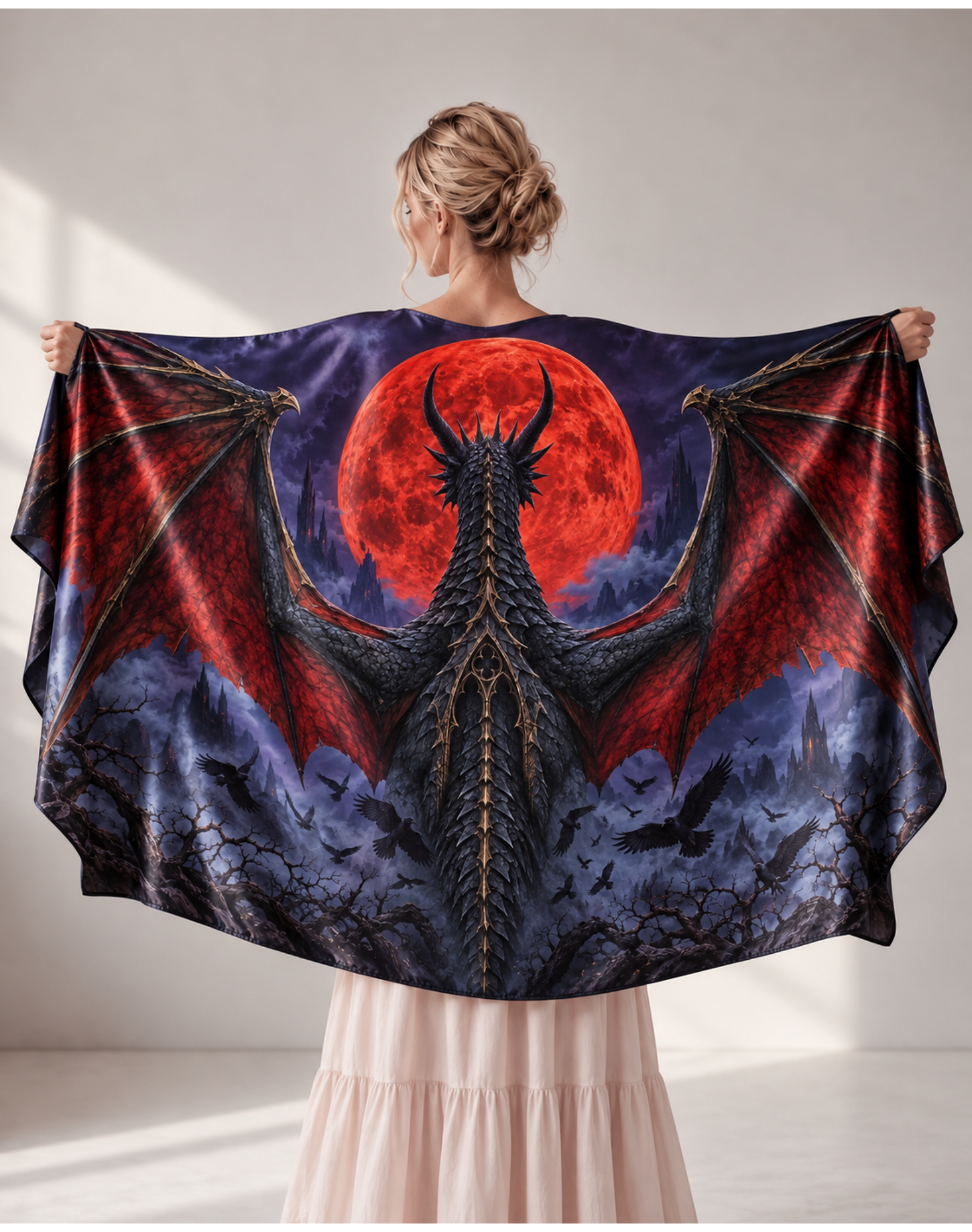 Gothic Black Dragon Blood Moon Satin Shawl