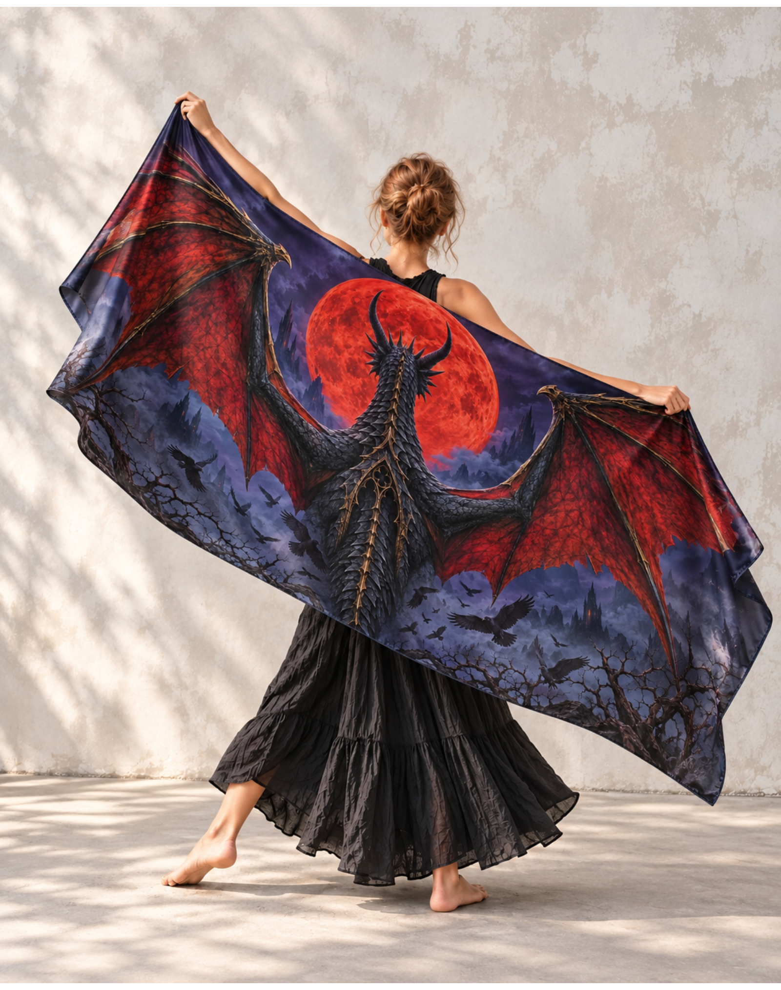Gothic Black Dragon Blood Moon Satin Shawl