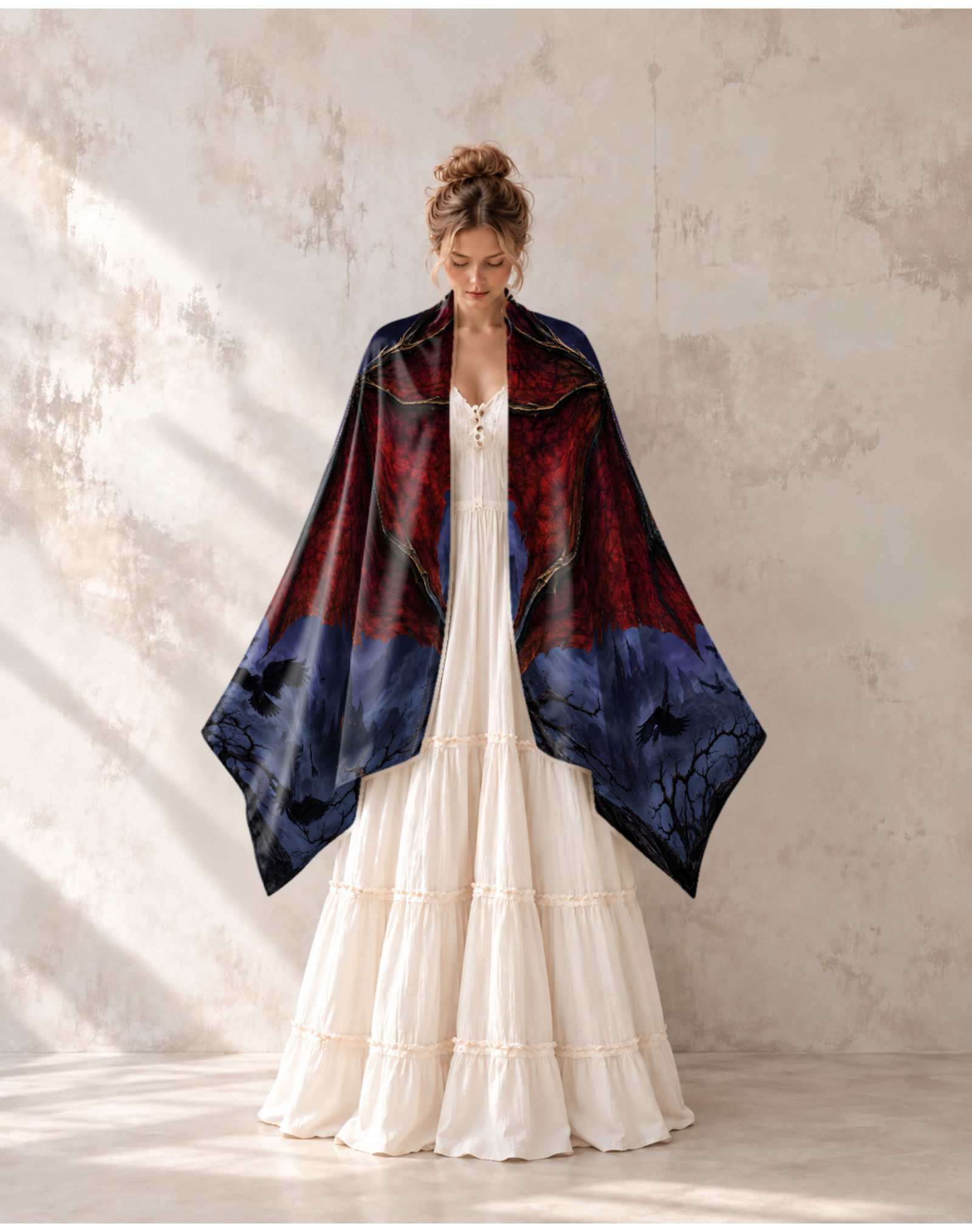 Gothic Black Dragon Blood Moon Satin Shawl