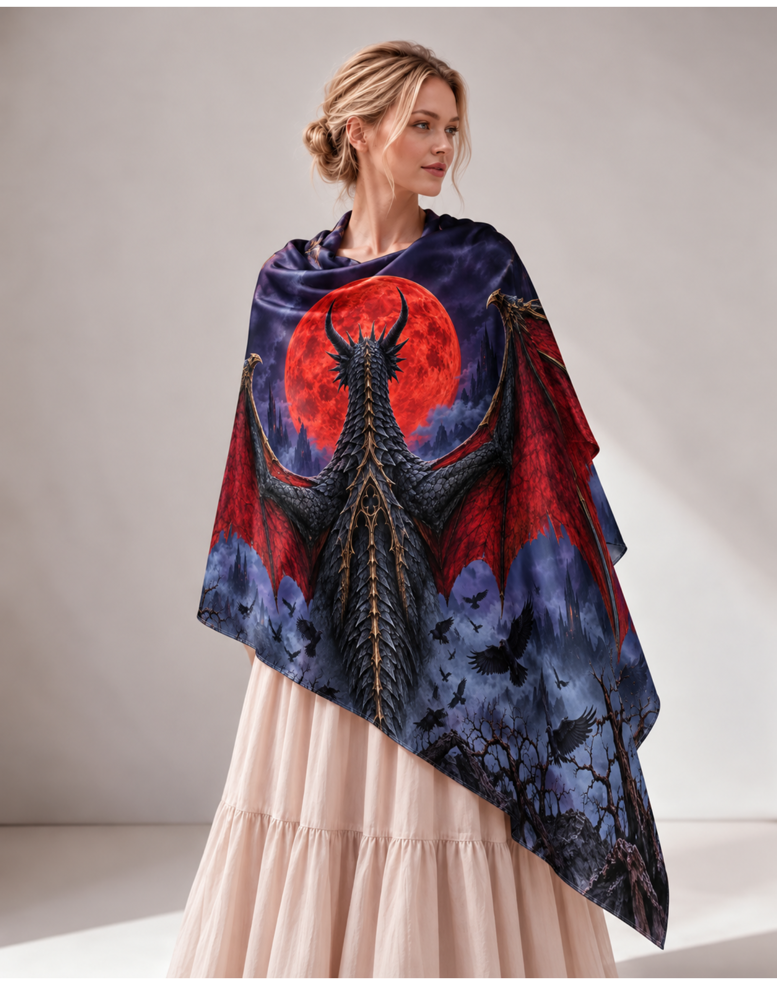 Gothic Black Dragon Blood Moon Satin Shawl