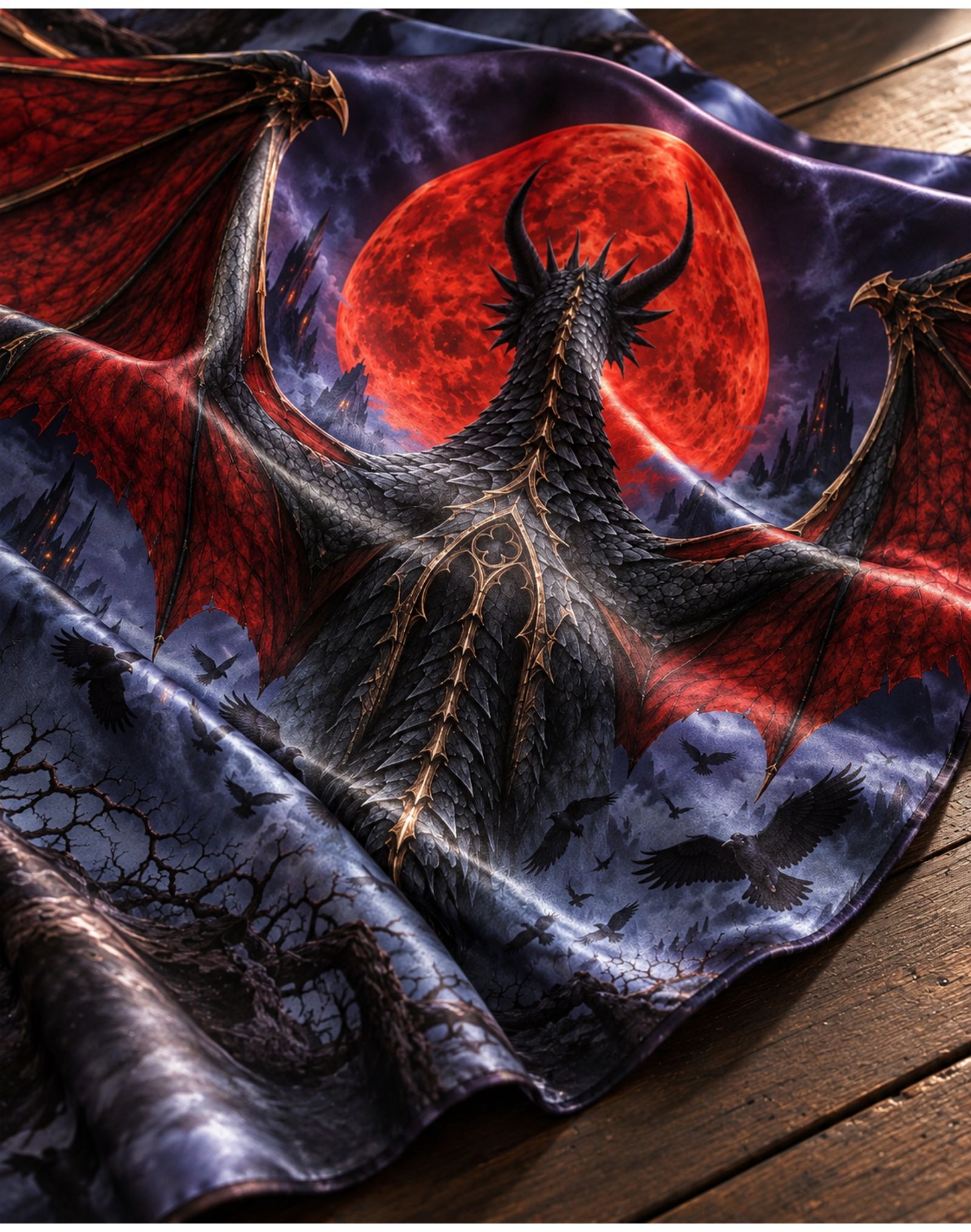 Gothic Black Dragon Blood Moon Satin Shawl