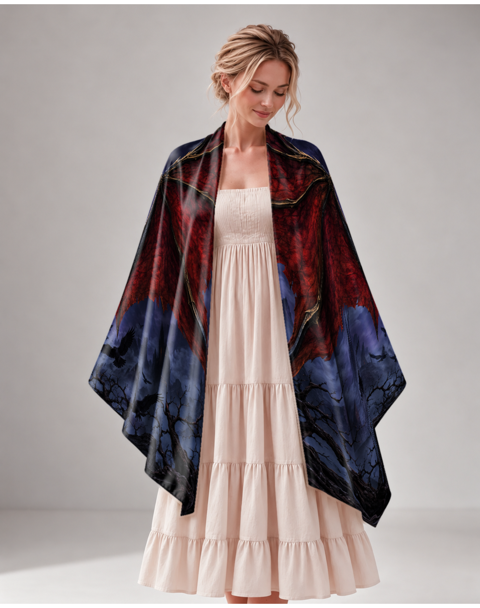 Gothic Black Dragon Blood Moon Satin Shawl