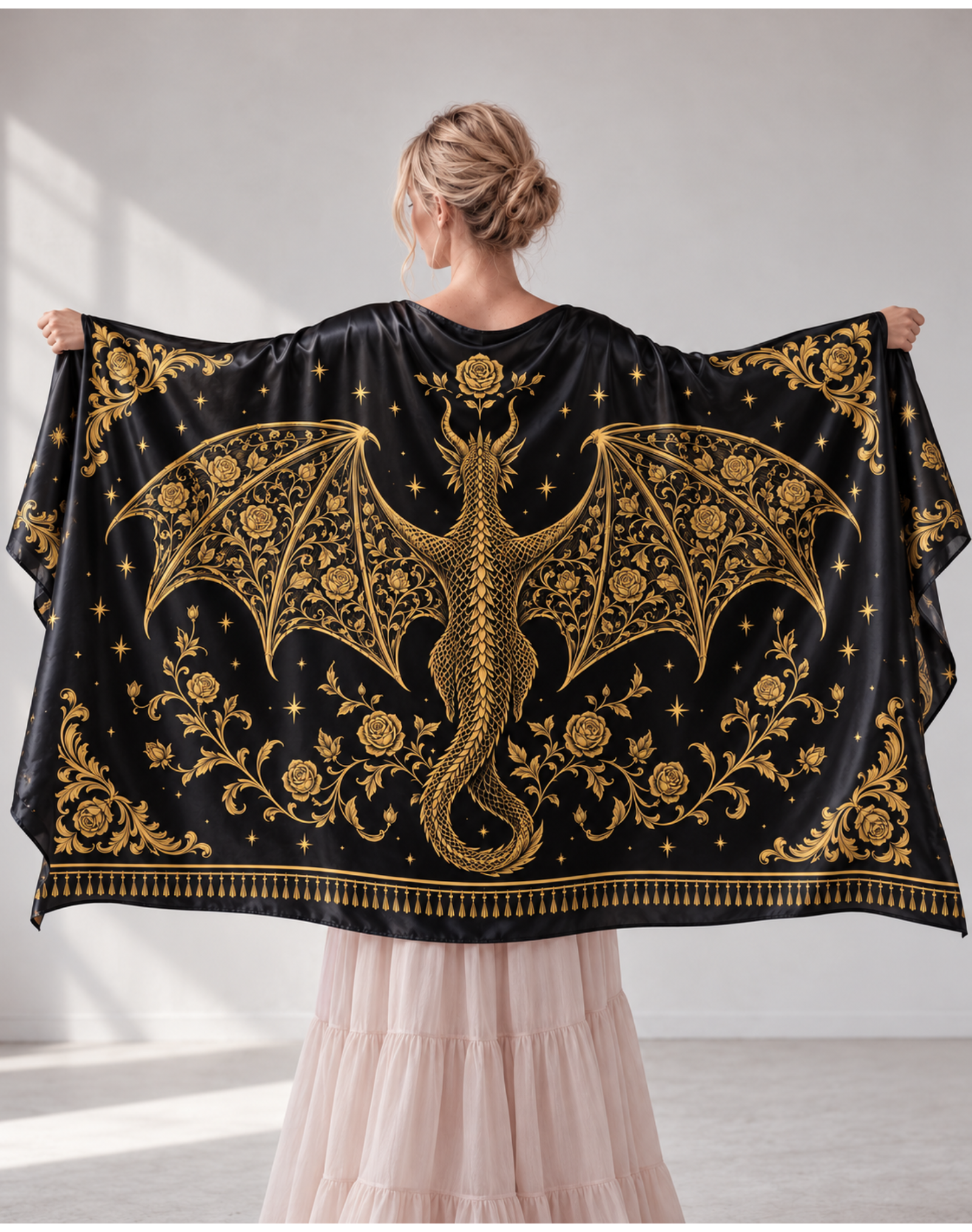 Black Gold Baroque Rose Dragon Satin Shawl