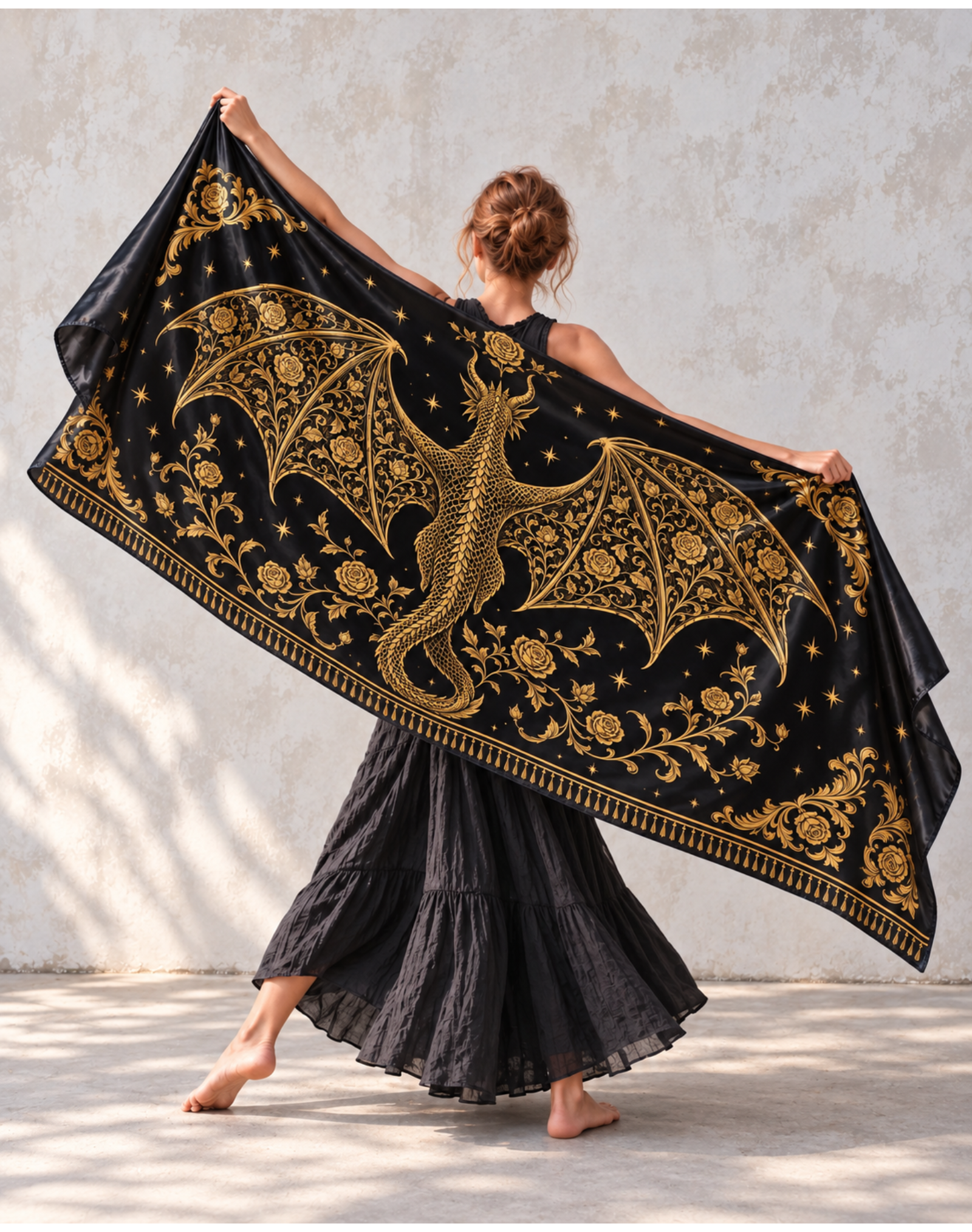 Black Gold Baroque Rose Dragon Satin Shawl