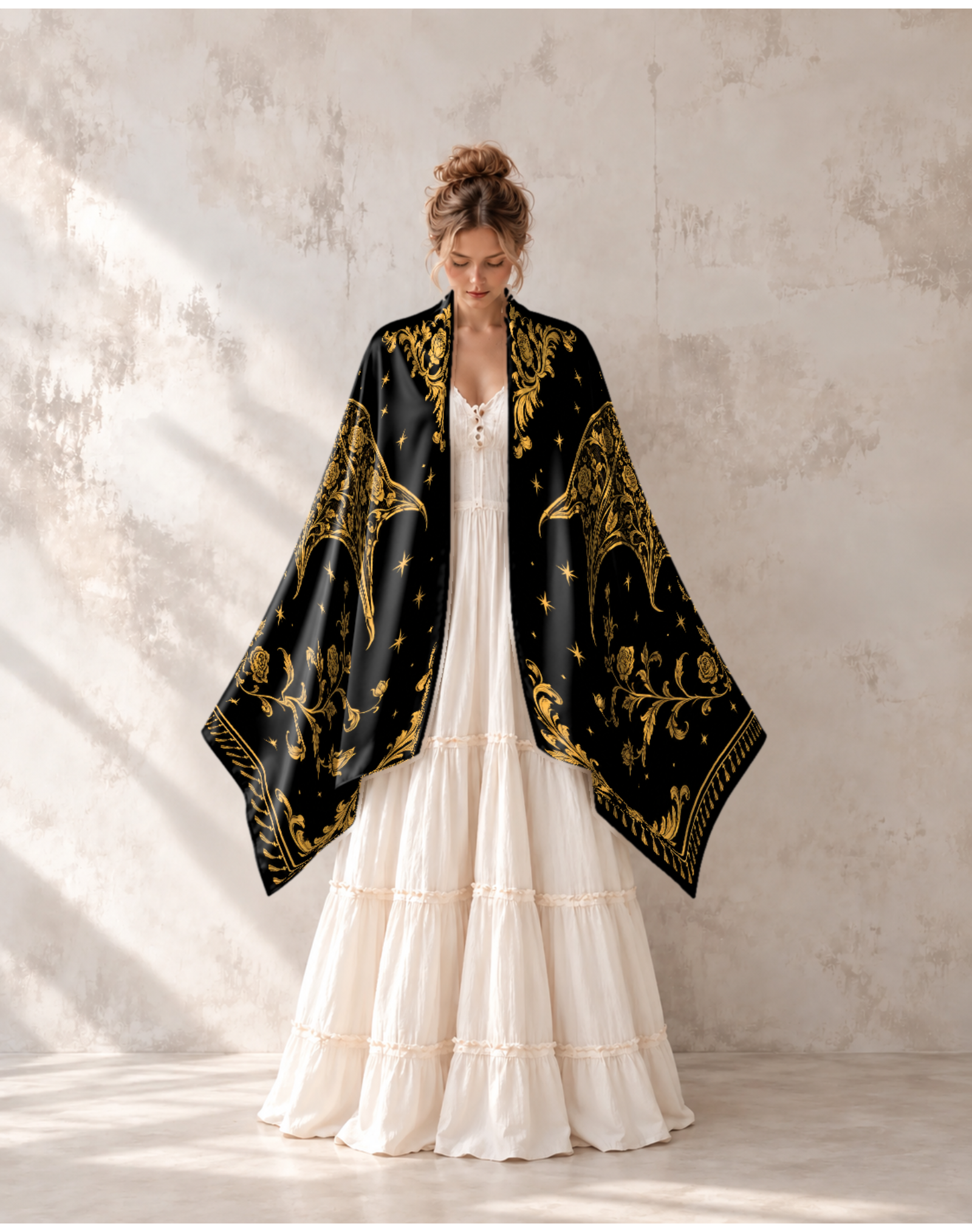 Black Gold Baroque Rose Dragon Satin Shawl