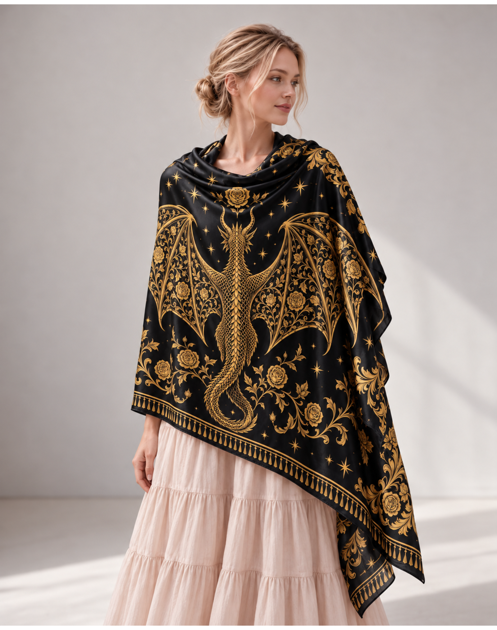 Black Gold Baroque Rose Dragon Satin Shawl