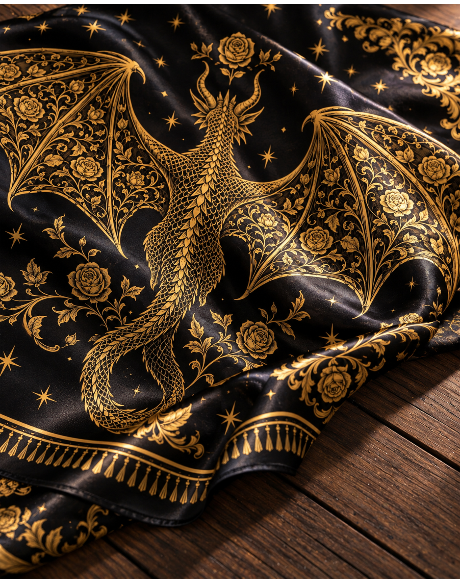Black Gold Baroque Rose Dragon Satin Shawl