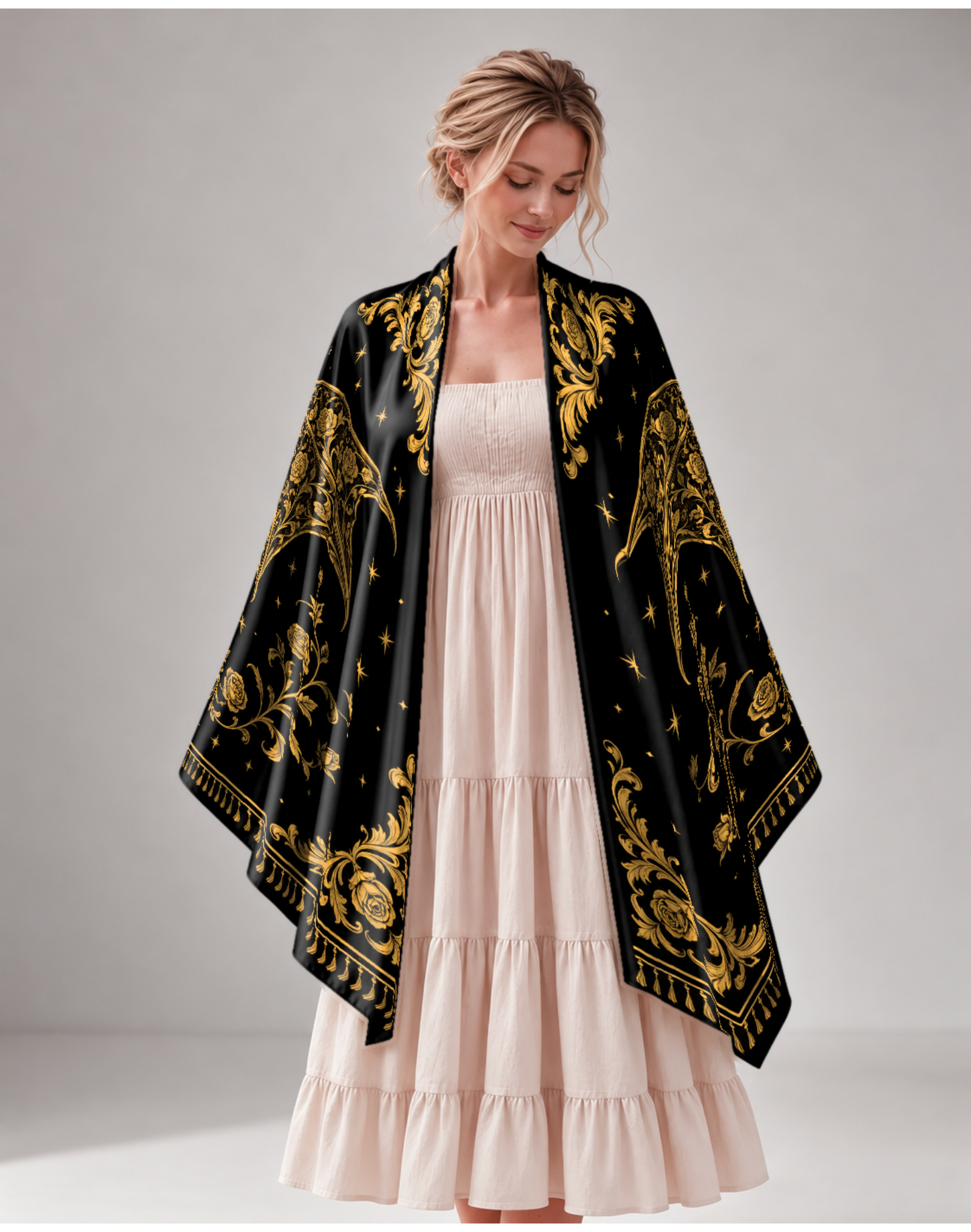 Black Gold Baroque Rose Dragon Satin Shawl