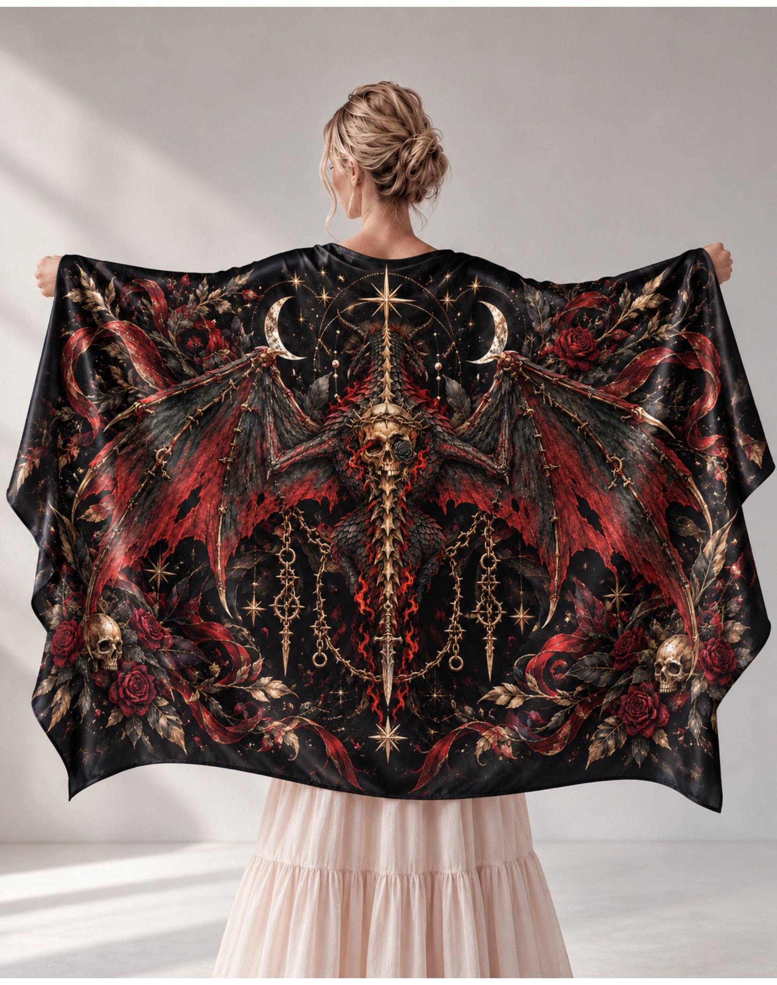 Gothic Skull Dragon Red Rose Moon Satin Shawl