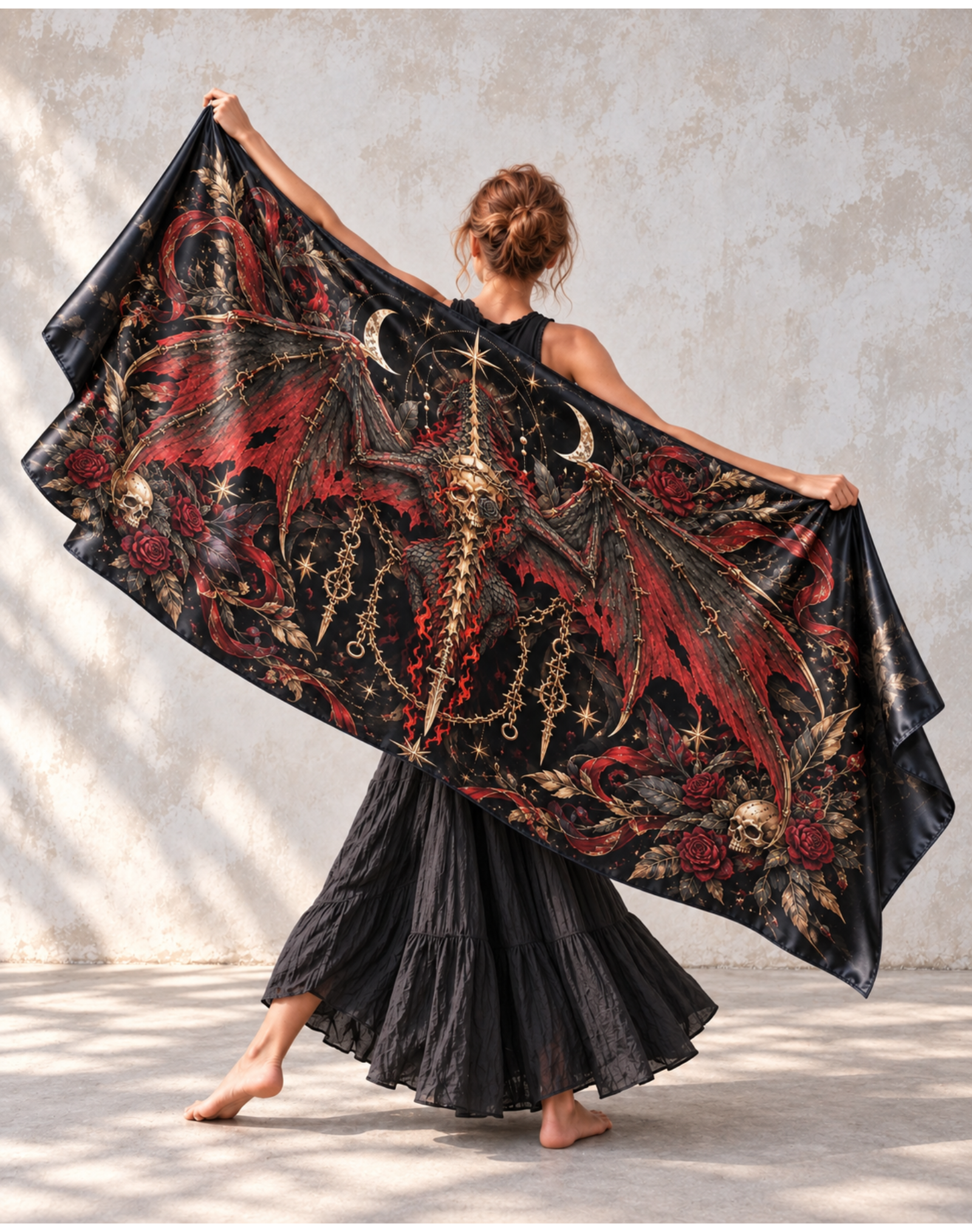 Gothic Skull Dragon Red Rose Moon Satin Shawl