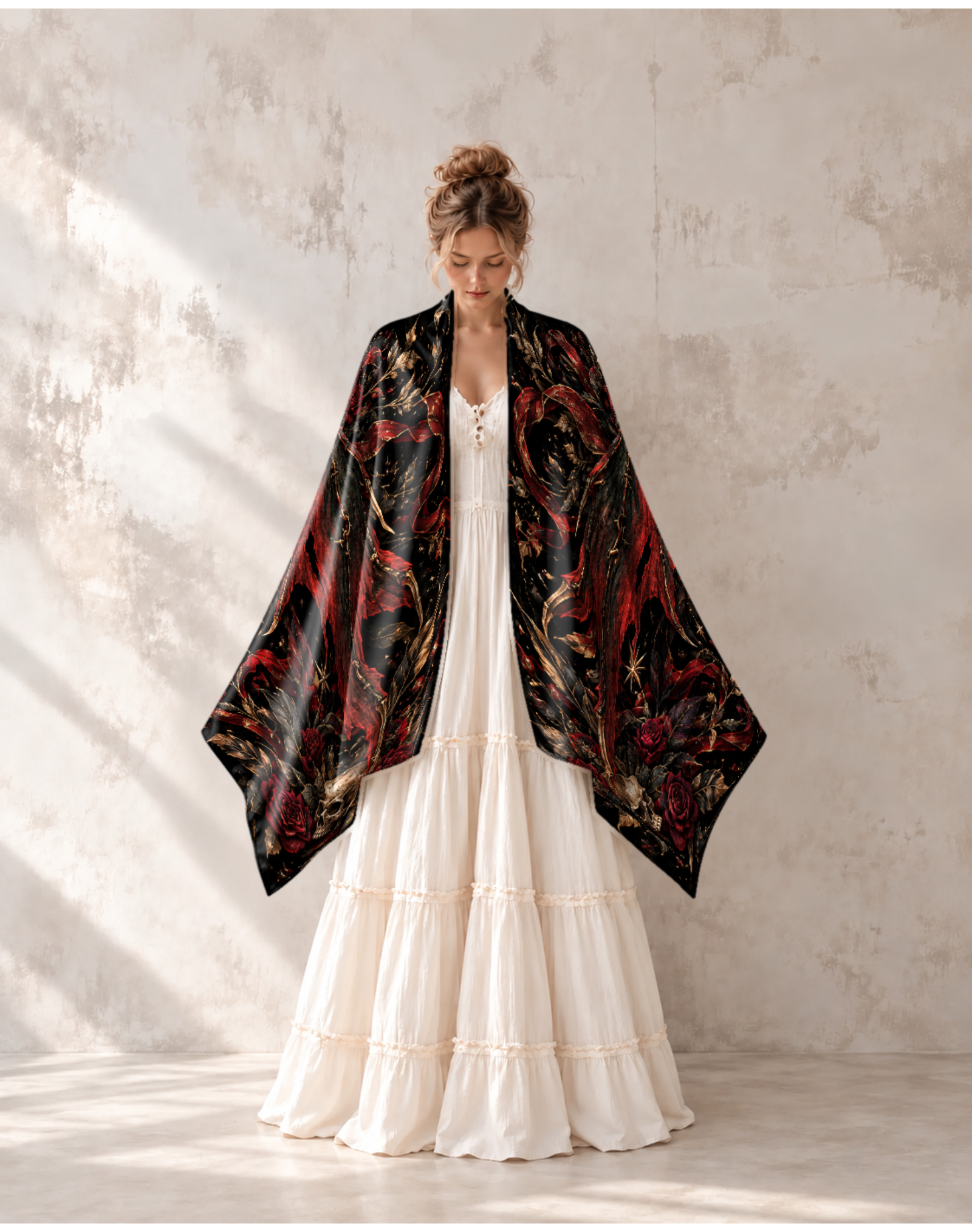 Gothic Skull Dragon Red Rose Moon Satin Shawl