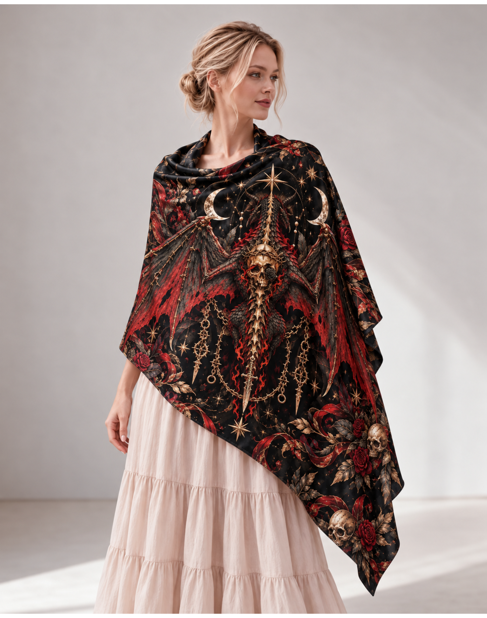 Gothic Skull Dragon Red Rose Moon Satin Shawl