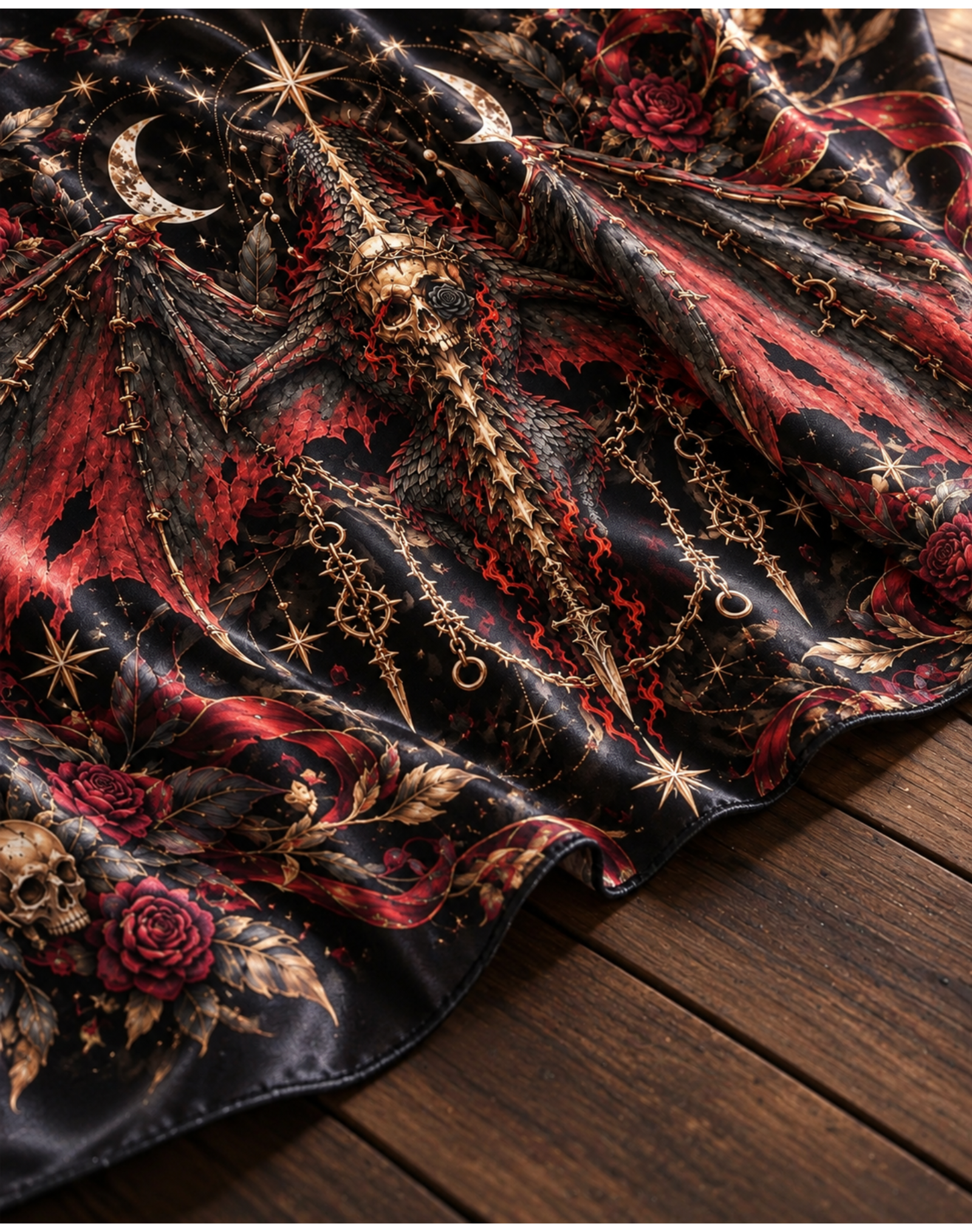 Gothic Skull Dragon Red Rose Moon Satin Shawl