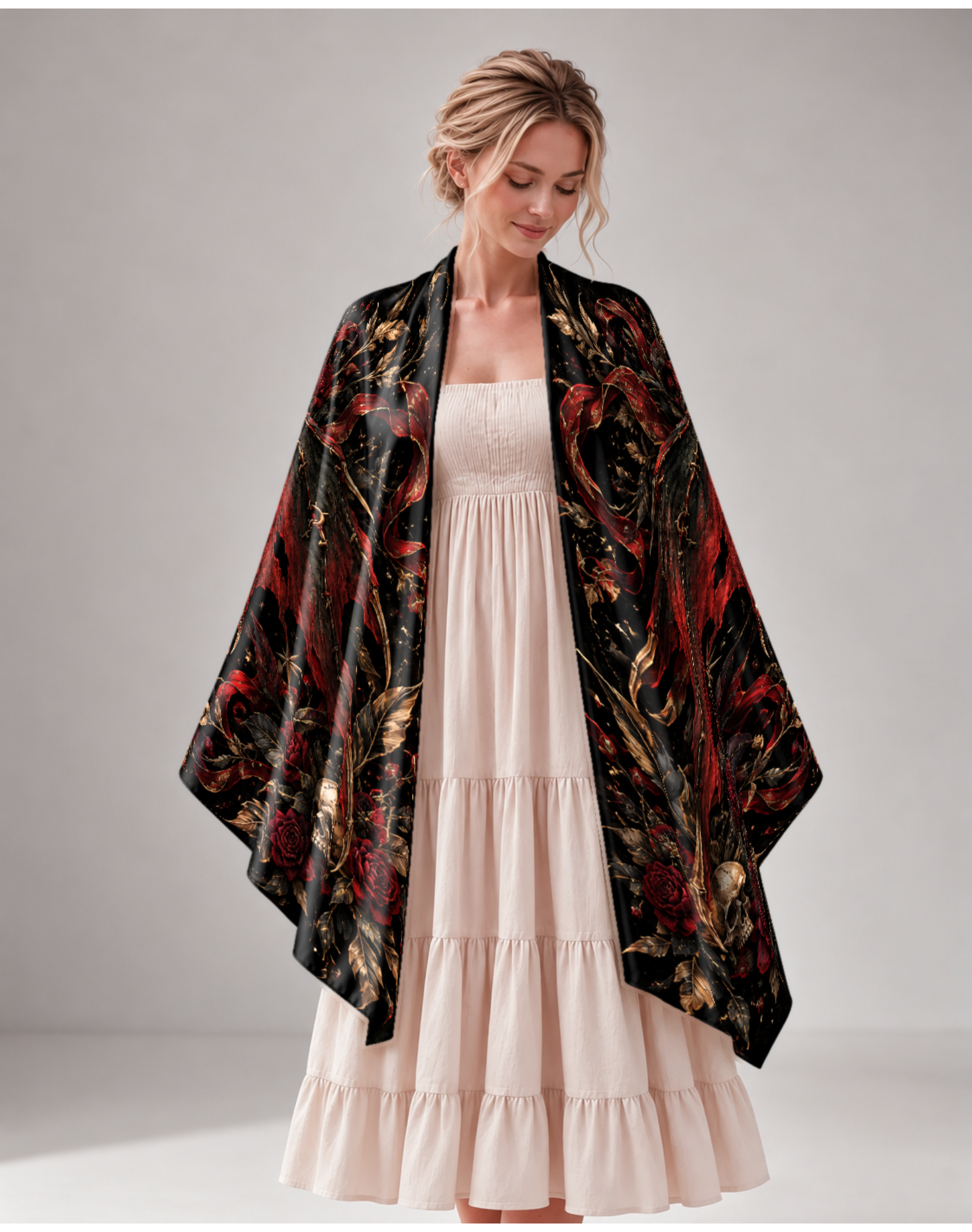 Gothic Skull Dragon Red Rose Moon Satin Shawl