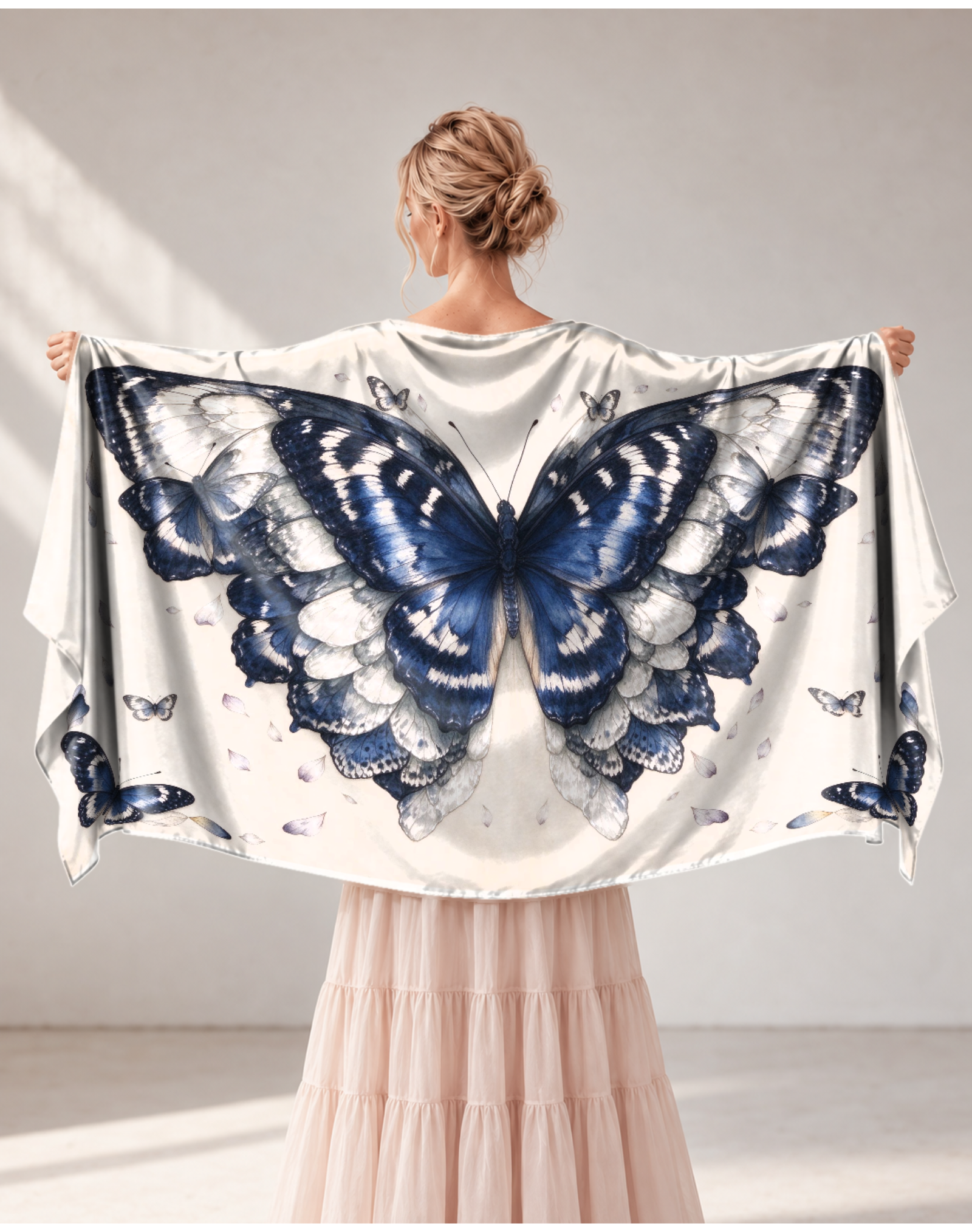 Indigo Blue Butterfly Wing Cottagecore Satin Shawl
