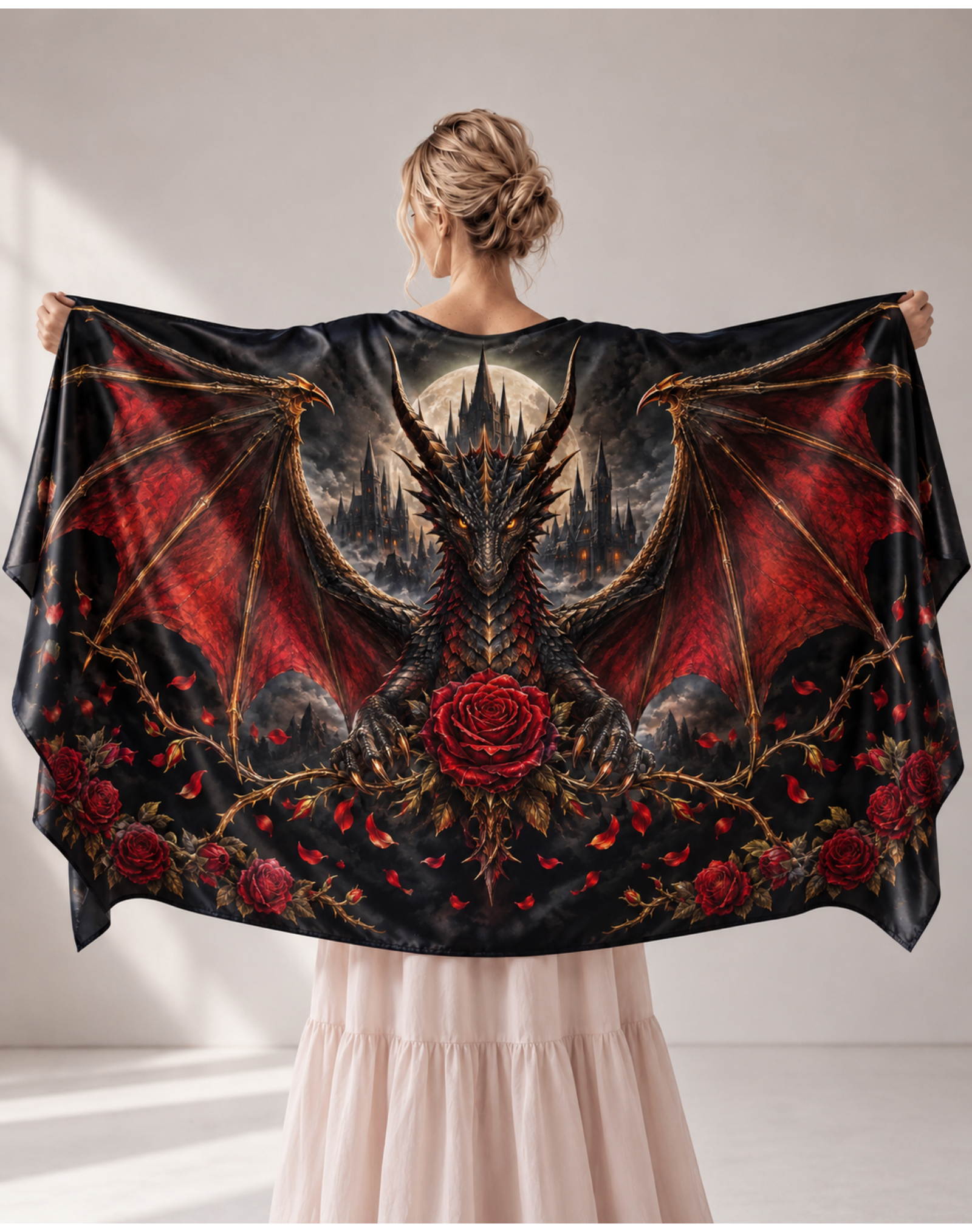 Majestic Black Red Wing Dragon Rose Moon Satin Shawl