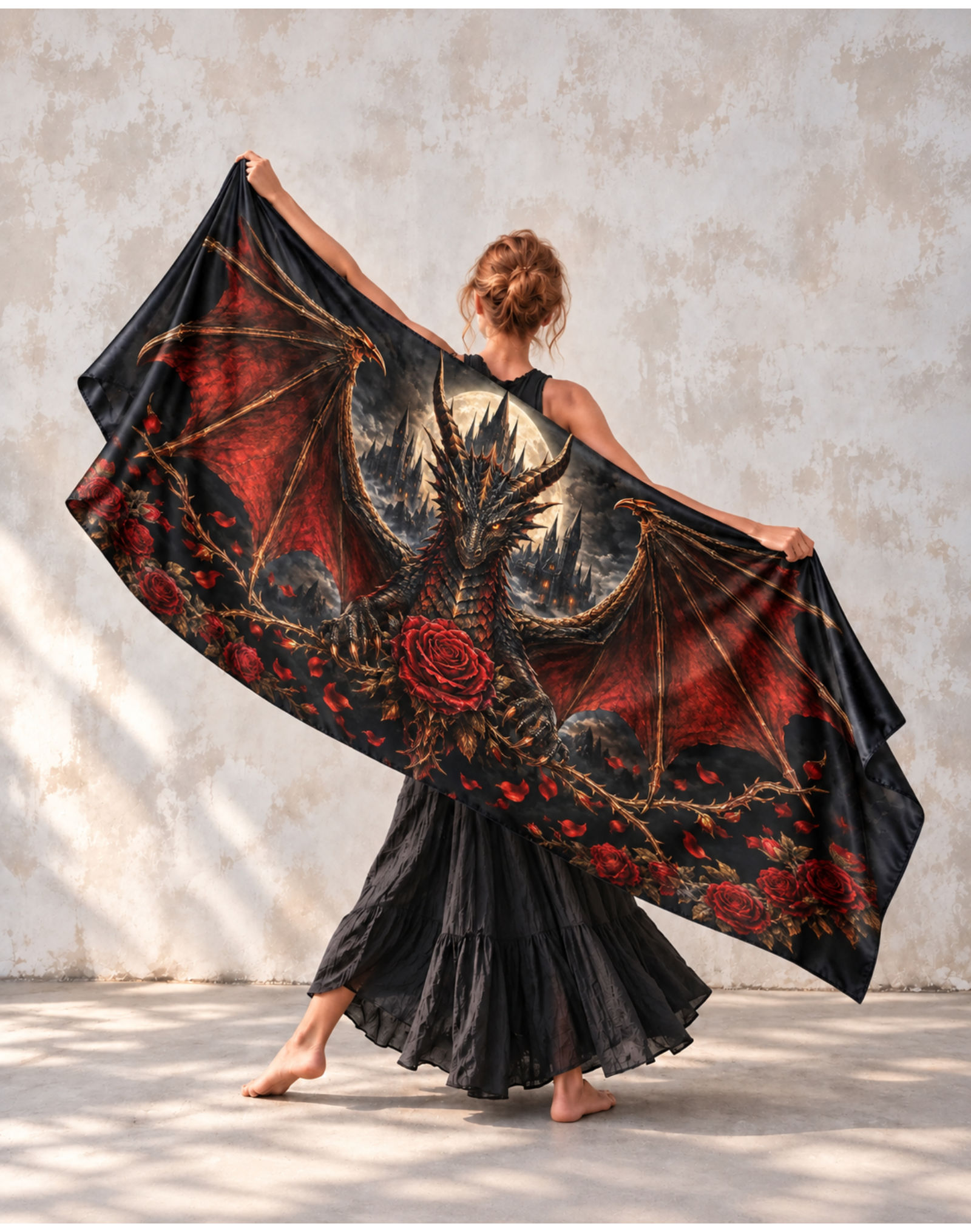 Majestic Black Red Wing Dragon Rose Moon Satin Shawl
