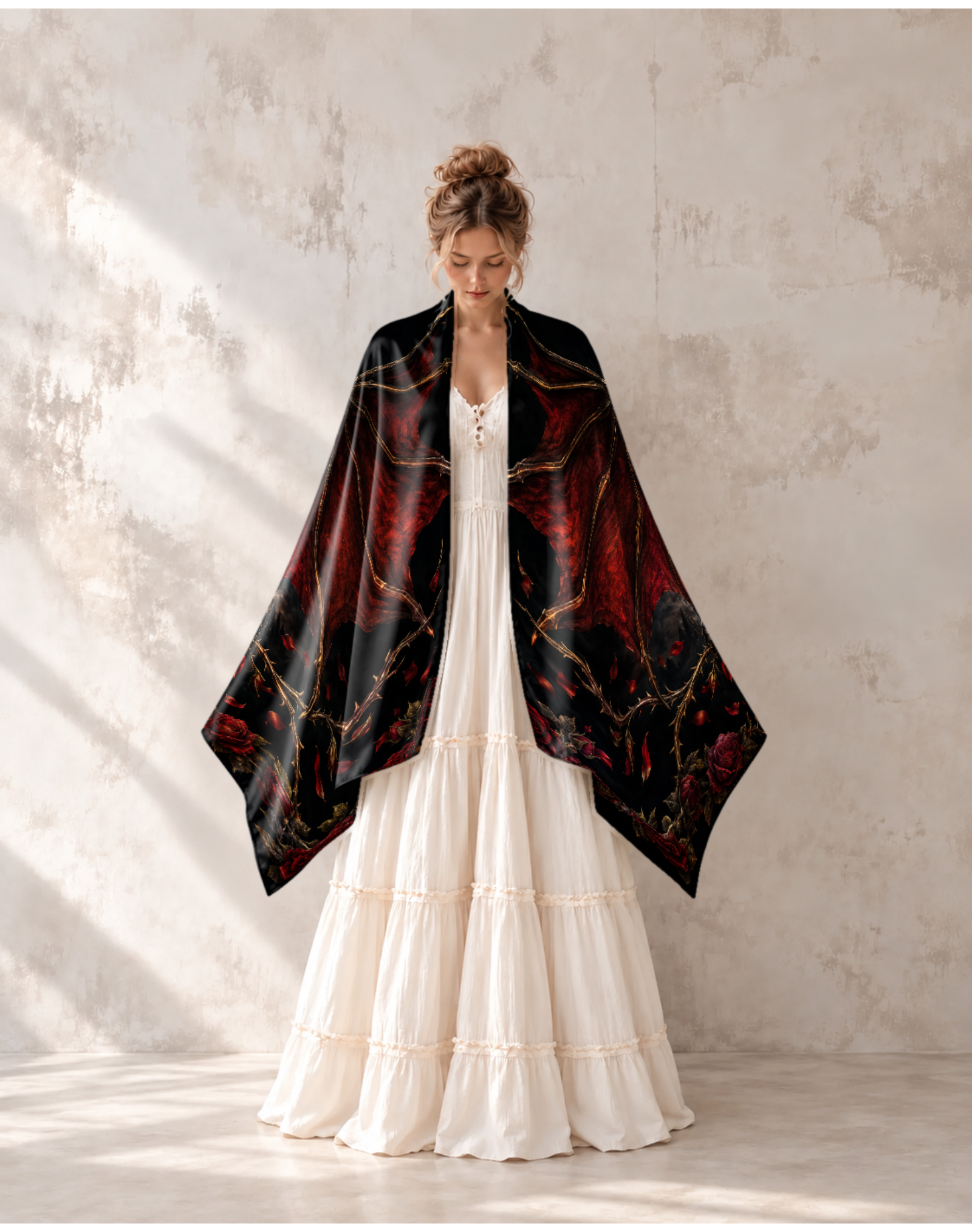 Majestic Black Red Wing Dragon Rose Moon Satin Shawl